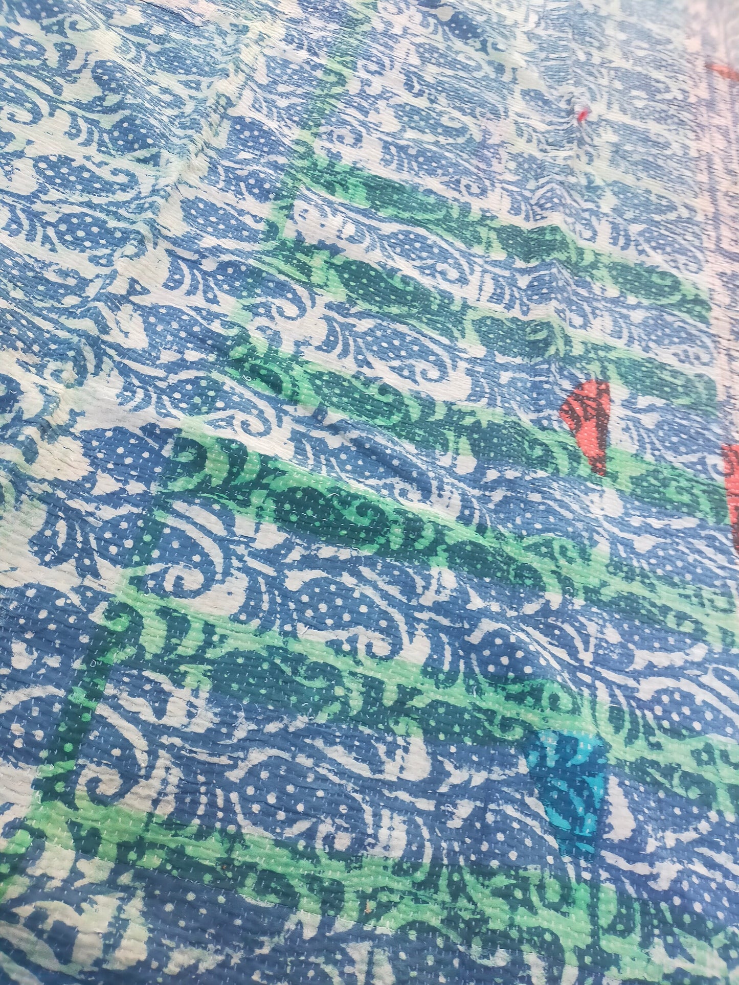 Vintage Hand Stitched Patchwork Kantha Blanket Quilt From India Made From Recycled Cotton Saris - Block Printed And Dyed In Natural Indigo
