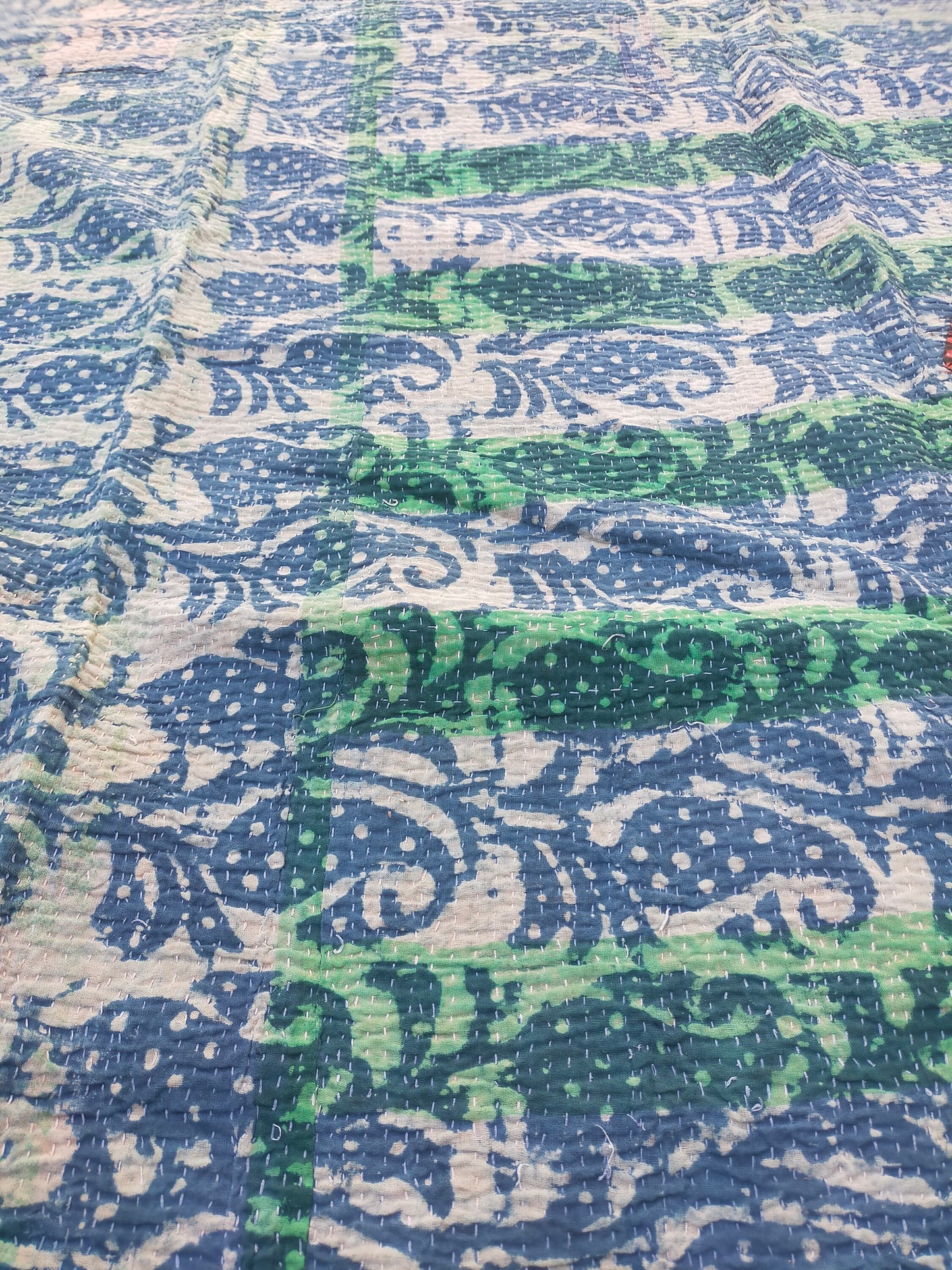 Vintage Hand Stitched Patchwork Kantha Blanket Quilt From India Made From Recycled Cotton Saris - Block Printed And Dyed In Natural Indigo