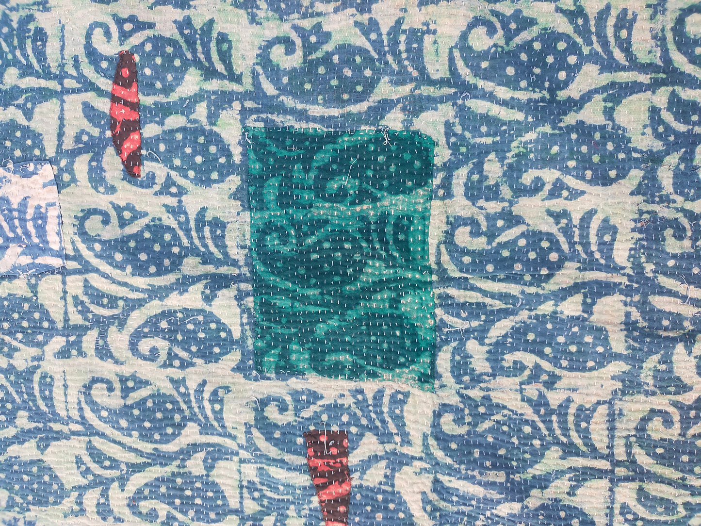 Vintage Hand Stitched Patchwork Kantha Blanket Quilt From India Made From Recycled Cotton Saris - Block Printed And Dyed In Natural Indigo
