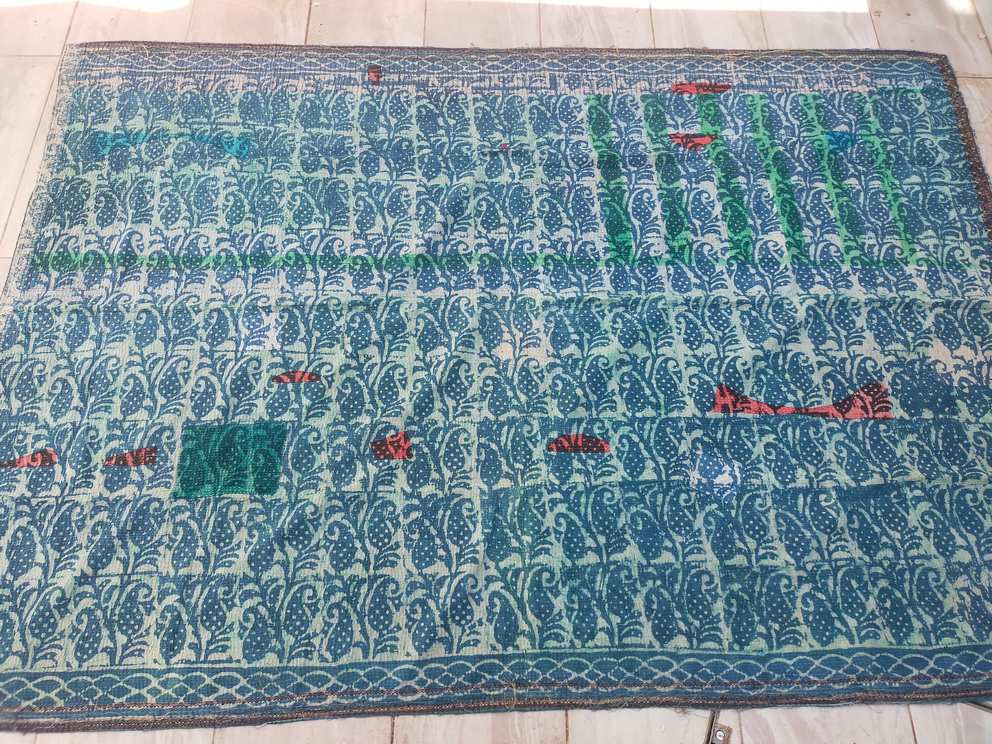 Vintage Hand Stitched Patchwork Kantha Blanket Quilt From India Made From Recycled Cotton Saris - Block Printed And Dyed In Natural Indigo