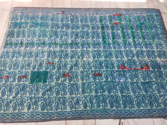 Vintage Hand Stitched Patchwork Kantha Blanket Quilt From India Made From Recycled Cotton Saris - Block Printed And Dyed In Natural Indigo