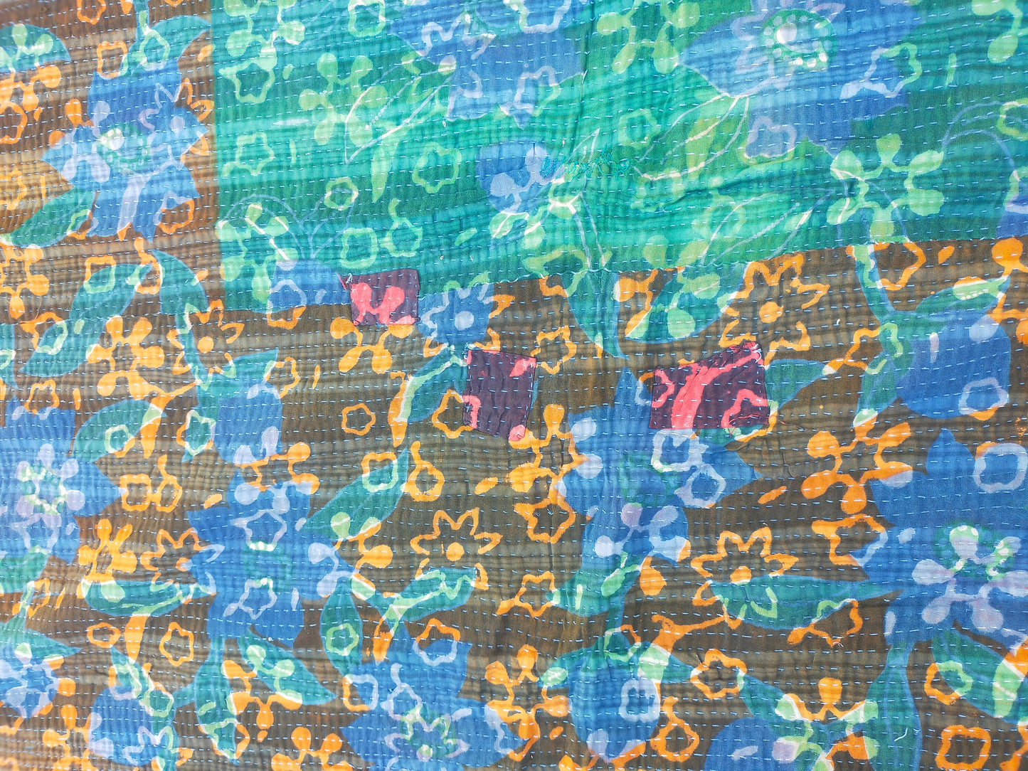 Vintage Hand Stitched Patchwork Kantha Blanket Quilt From India Made From Recycled Cotton Saris - Block Printed In Indigo