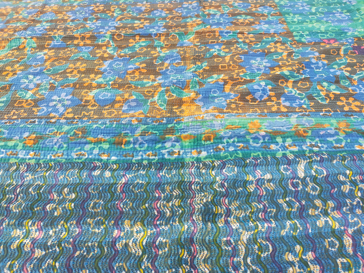 Vintage Hand Stitched Patchwork Kantha Blanket Quilt From India Made From Recycled Cotton Saris - Block Printed In Indigo