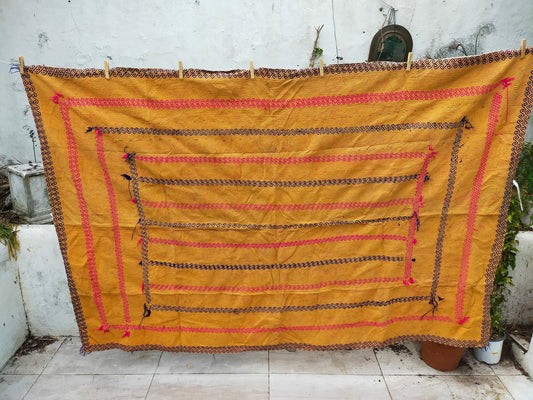 Vintage Hand Stitched Orange Kantha Blanket From India - Bright Quilt
