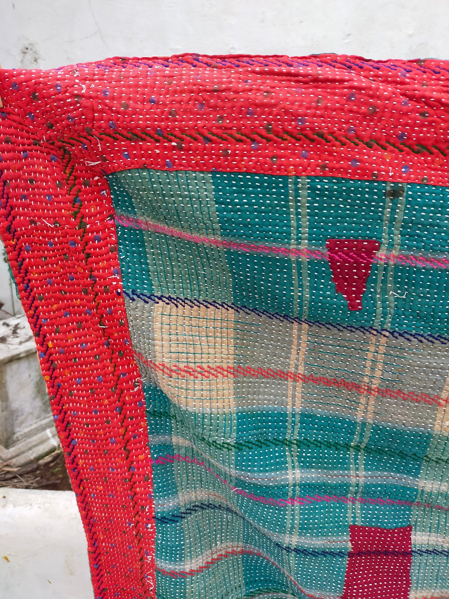 Vintage Hand Stitched Kantha Blanket From India - Quilt Made From Recycled Sari