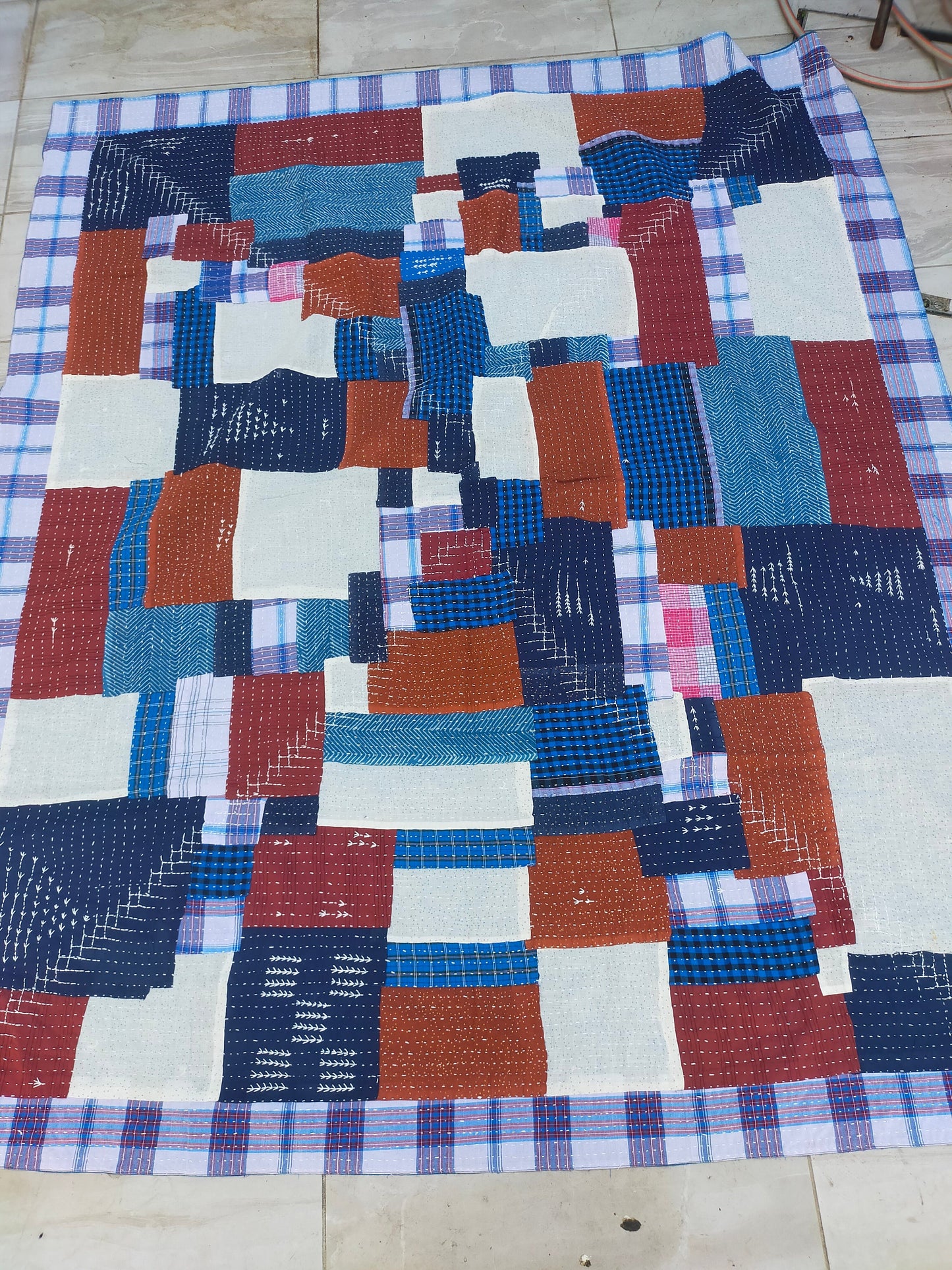 Hand-Stitched Kantha Patchwork Blanket Made From Recycled Cotton Fabric