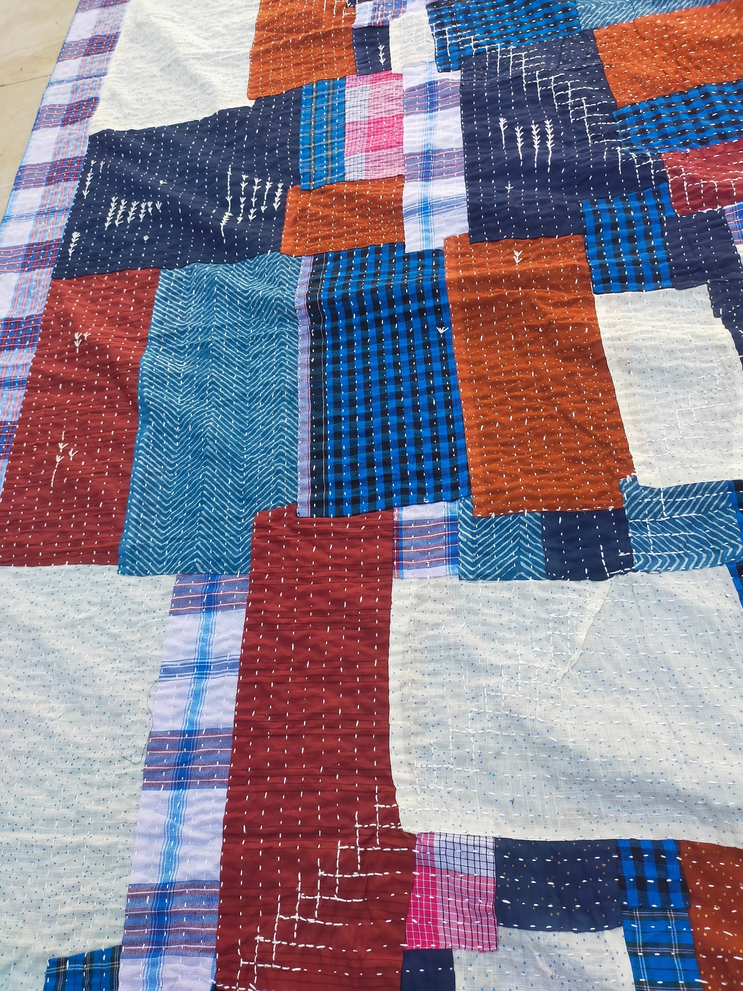 Hand-Stitched Kantha Patchwork Blanket Made From Recycled Cotton Fabric