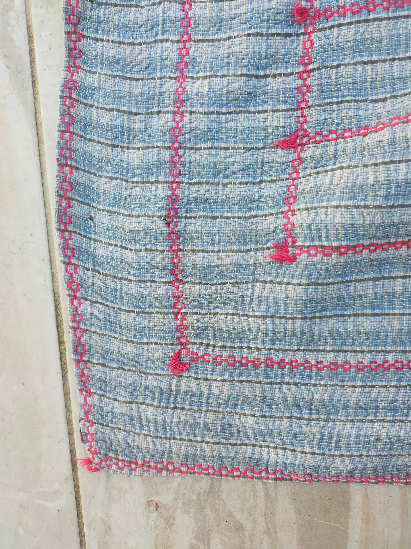 Vintage Hand Stitched Kantha Blanket From India - Quilt Made From Recycled Saris
