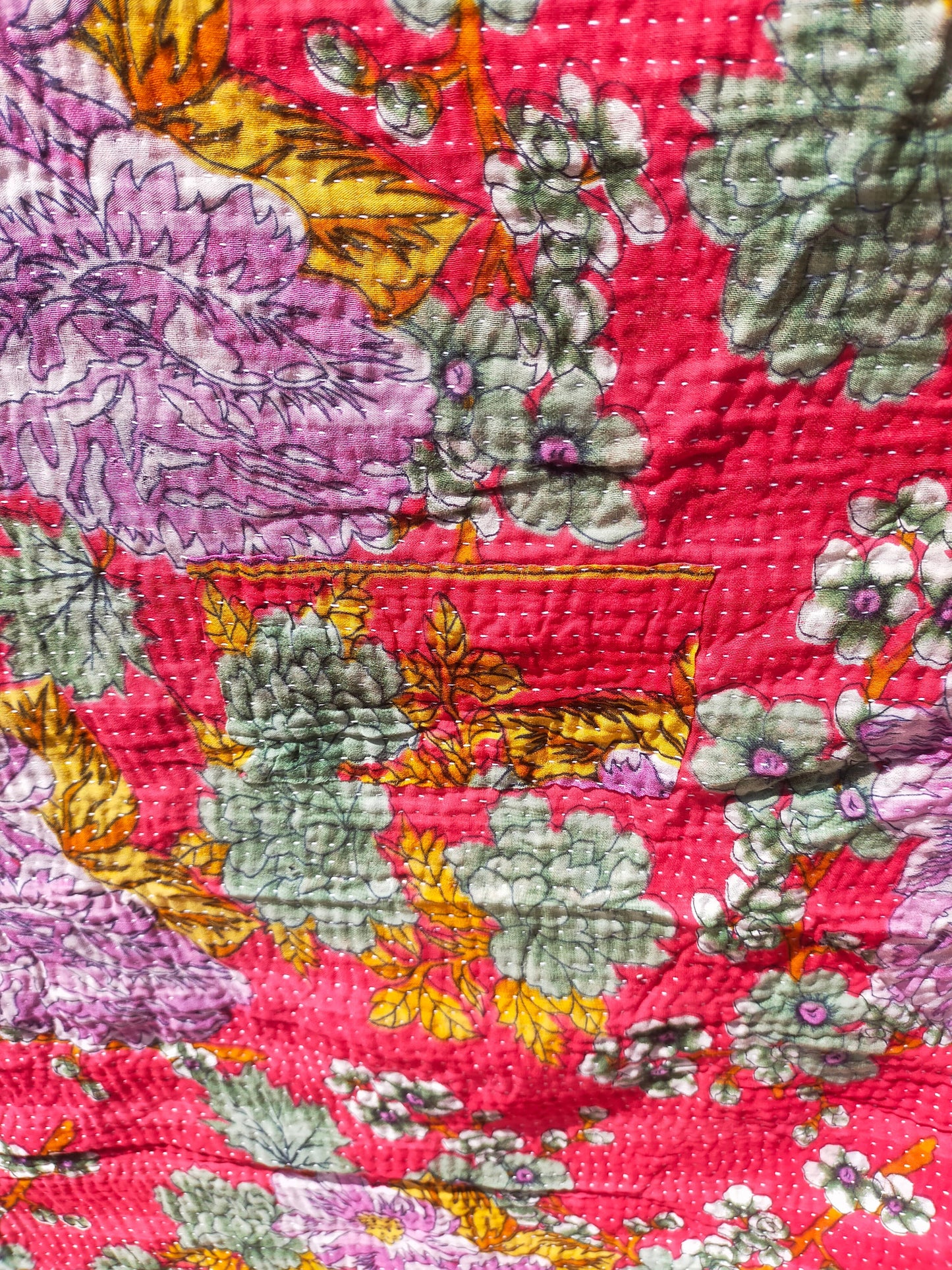 Vintage Hand-Stitched Patchwork Kantha Blanket Quilt Made From Recycled Cotton Saris In India