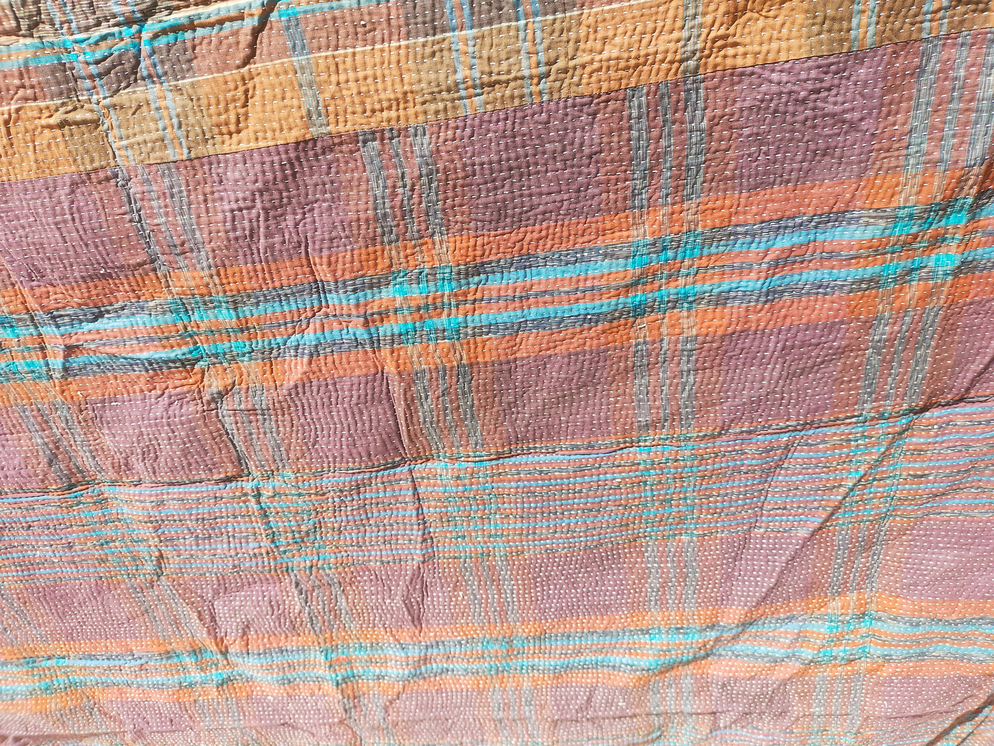 Vintage Hand-Stitched Patchwork Kantha Blanket Quilt Made From Recycled Cotton Saris In India