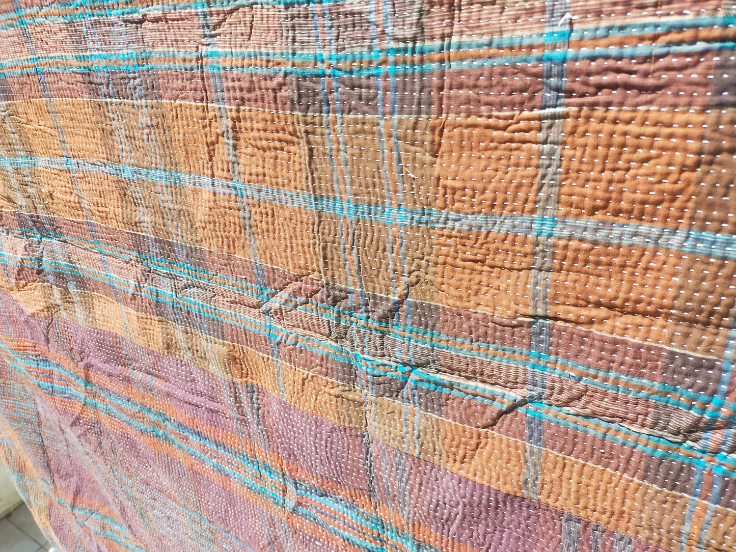 Vintage Hand-Stitched Patchwork Kantha Blanket Quilt Made From Recycled Cotton Saris In India