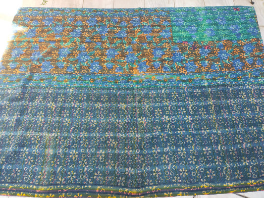Vintage Hand Stitched Patchwork Kantha Blanket Quilt From India Made From Recycled Cotton Saris - Block Printed In Indigo