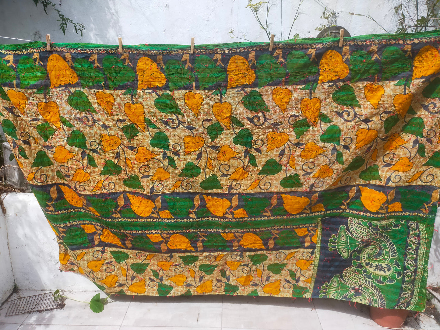 Vintage Hand Stitched Patchwork Kantha Blanket Quilt From India Made From Recycled Cotton Saris Yellow