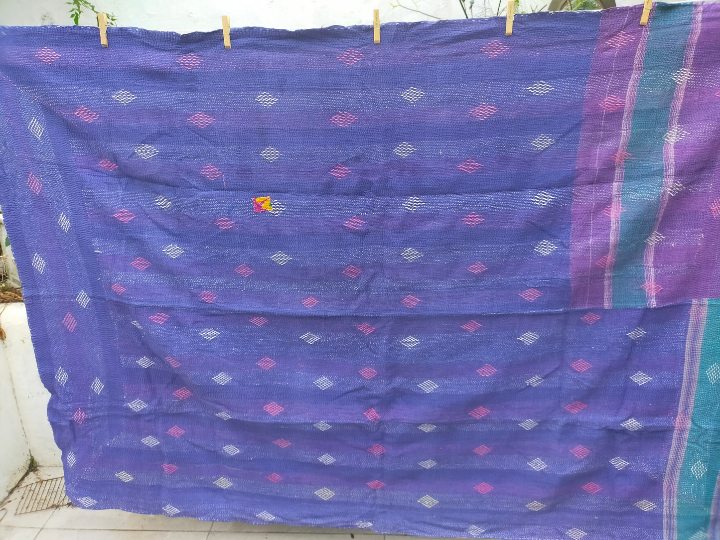 Vintage Hand Stitched Patchwork Kantha Blanket Quilt From India Made From Recycled Cotton Saris - Bedspread