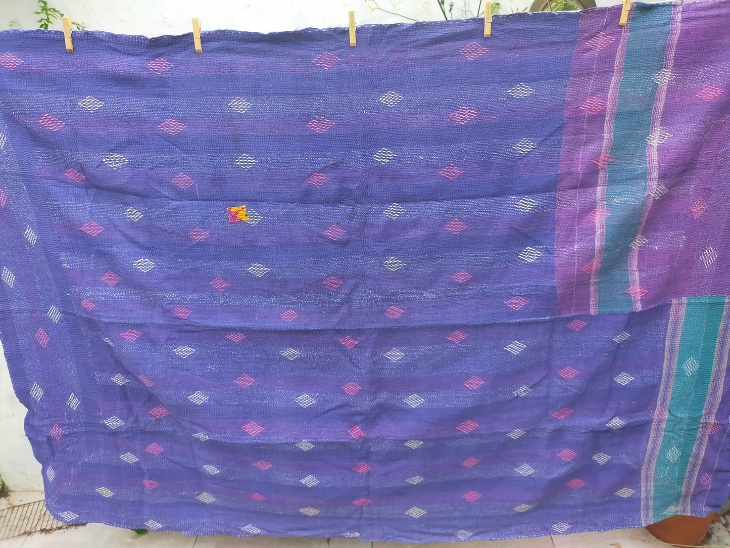 Vintage Hand Stitched Patchwork Kantha Blanket Quilt From India Made From Recycled Cotton Saris - Bedspread
