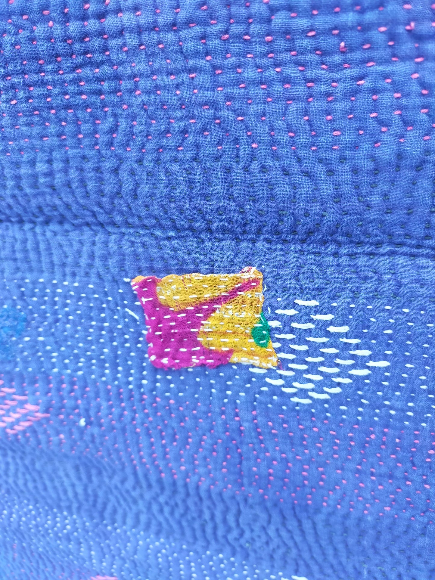 Vintage Hand Stitched Patchwork Kantha Blanket Quilt From India Made From Recycled Cotton Saris - Bedspread