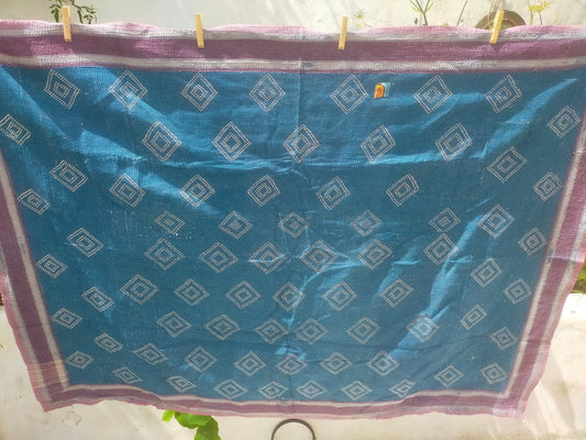 Vintage Hand-Stitched Patchwork Kantha Blanket Quilt From India Made From Recycled Cotton Saris - Almost Like Japanese Boro