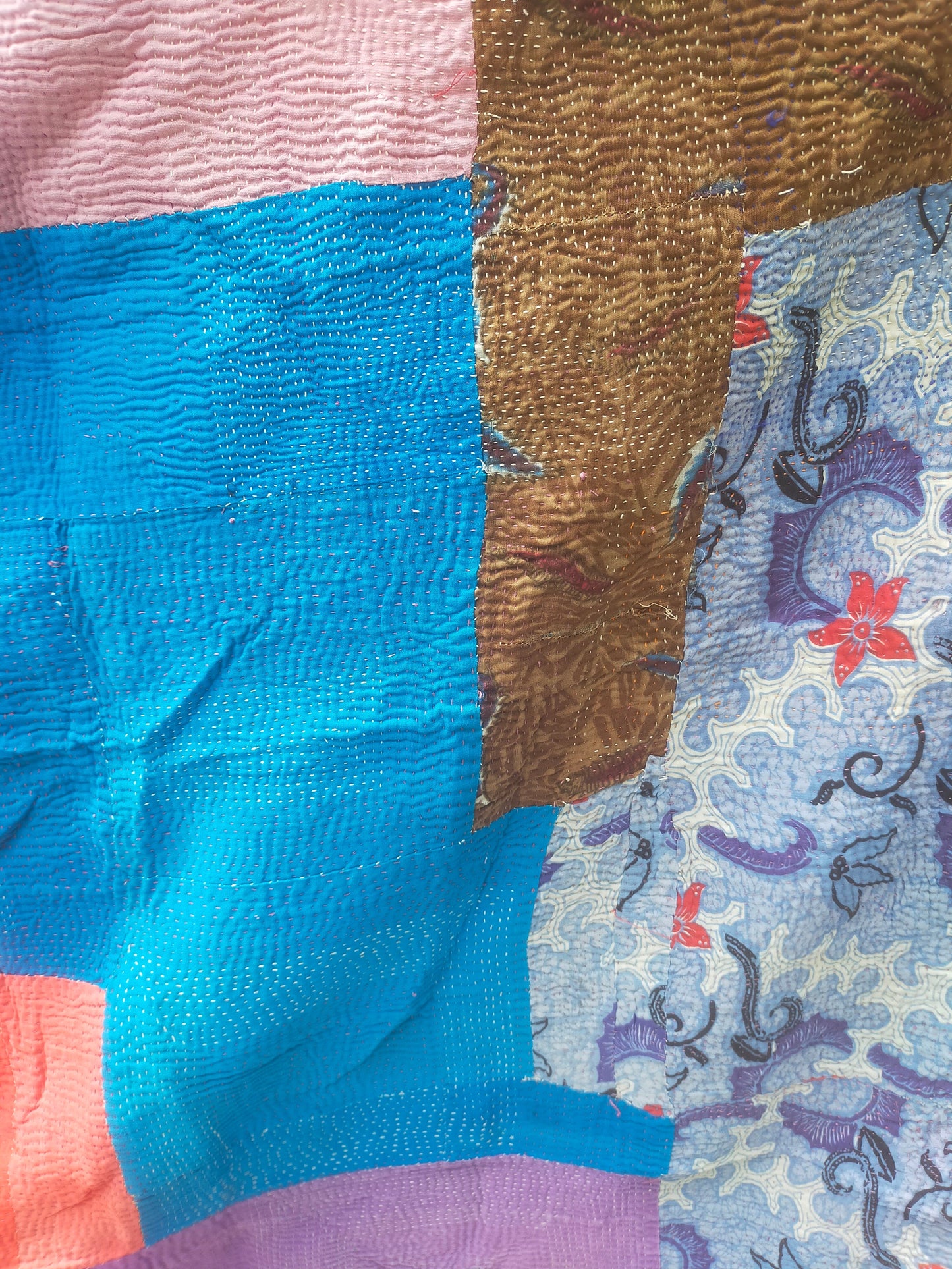 Vintage Hand-Stitched Patchwork Kantha Blanket Quilt From India Made From Recycled Cotton Saris Multi Coloured