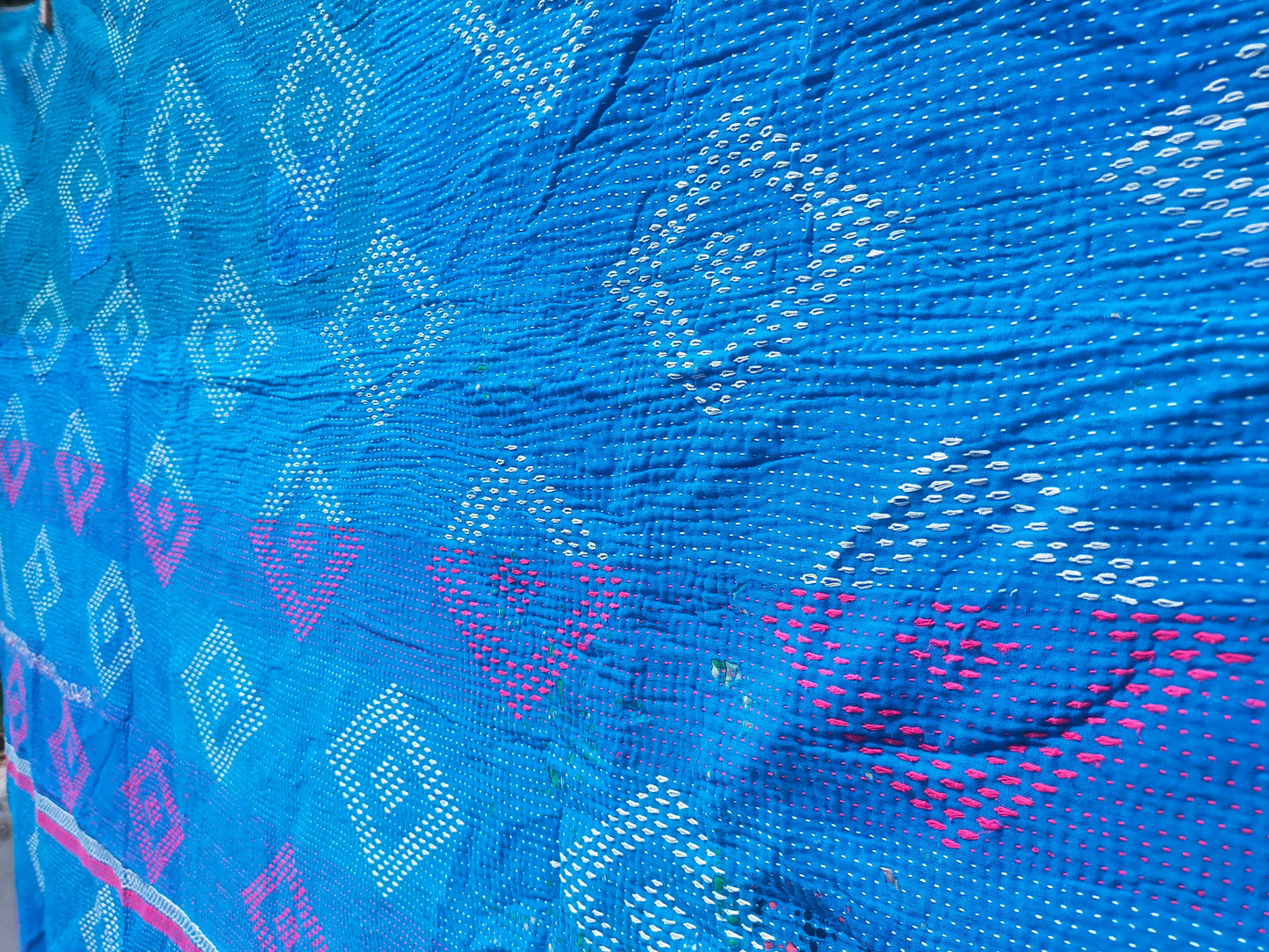 Vintage Hand Stitched Patchwork Kantha Blanket Quilt From India Made From Recycled Cotton Saris Blue Sashiko Style Indigo