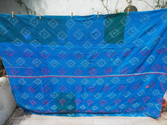 Vintage Hand Stitched Patchwork Kantha Blanket Quilt From India Made From Recycled Cotton Saris Blue Sashiko Style Indigo