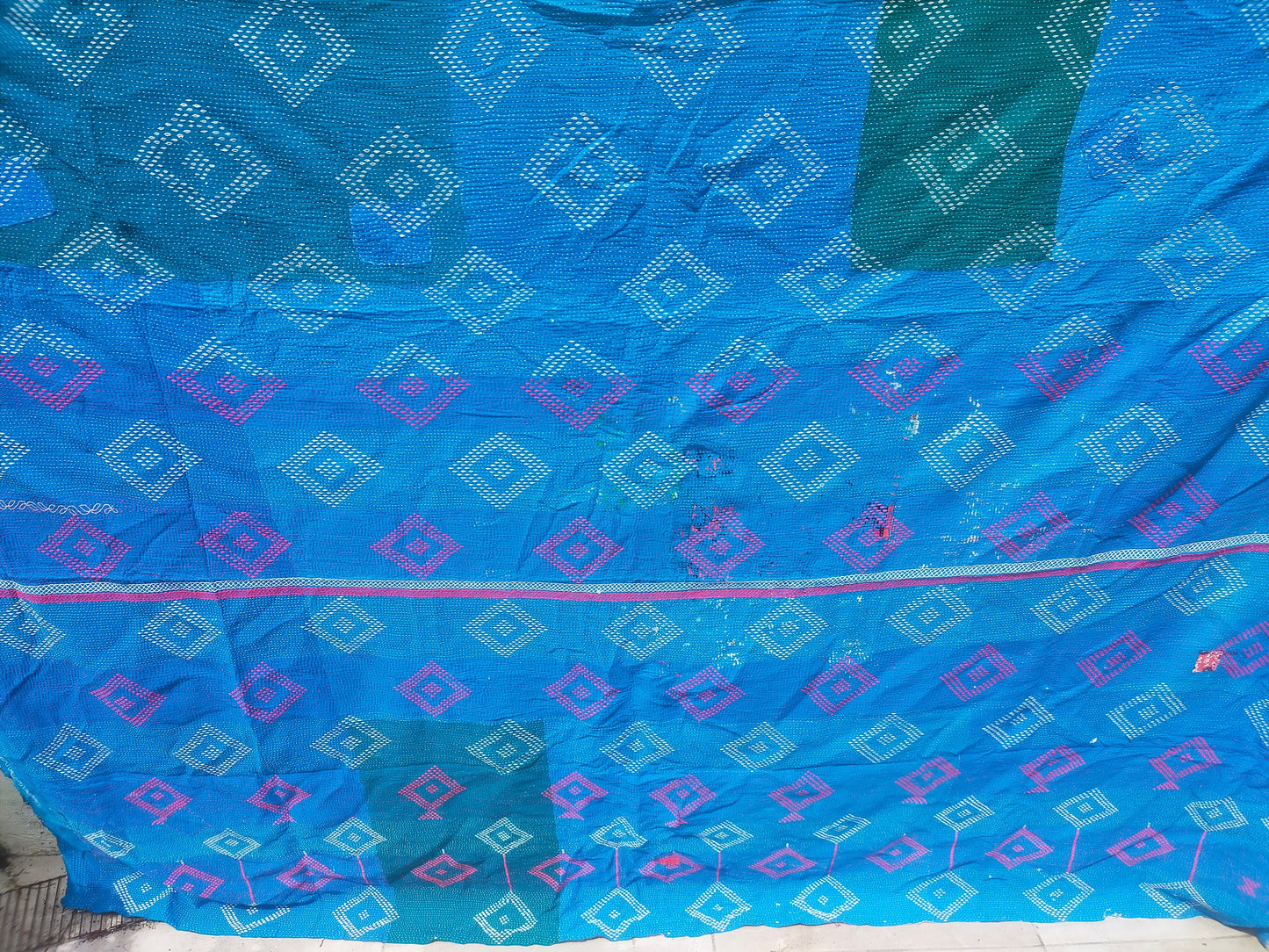 Vintage Hand Stitched Patchwork Kantha Blanket Quilt From India Made From Recycled Cotton Saris Blue Sashiko Style Indigo