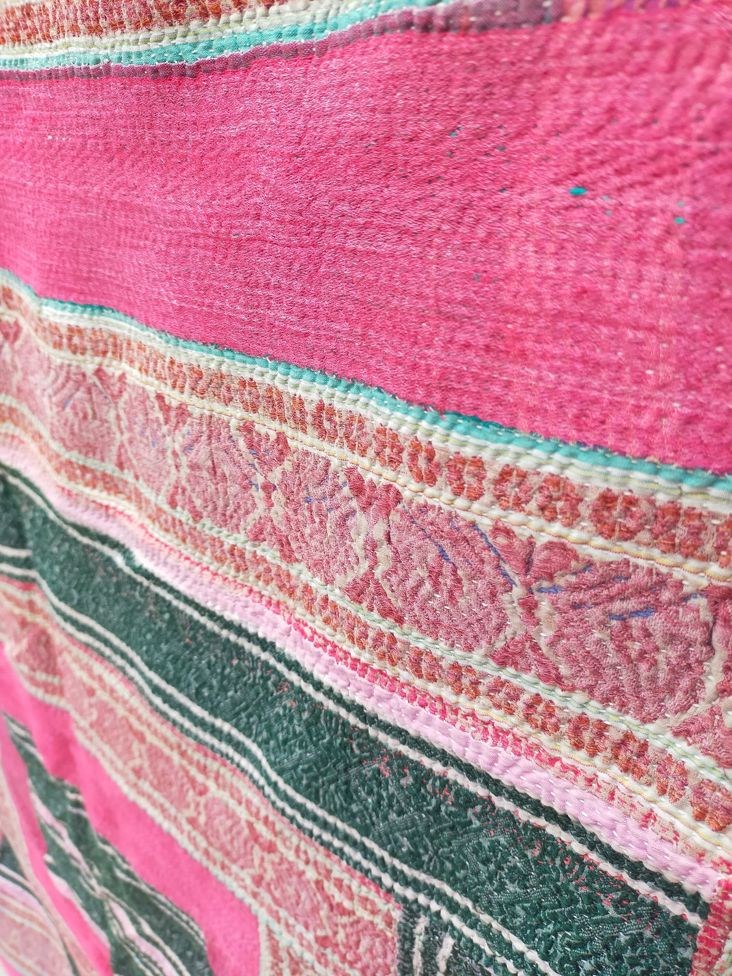 Vintage Hand Stitched Patchwork Kantha Quilt From India Made From Recycled Cotton Saris Hand Stitched Together. Pink