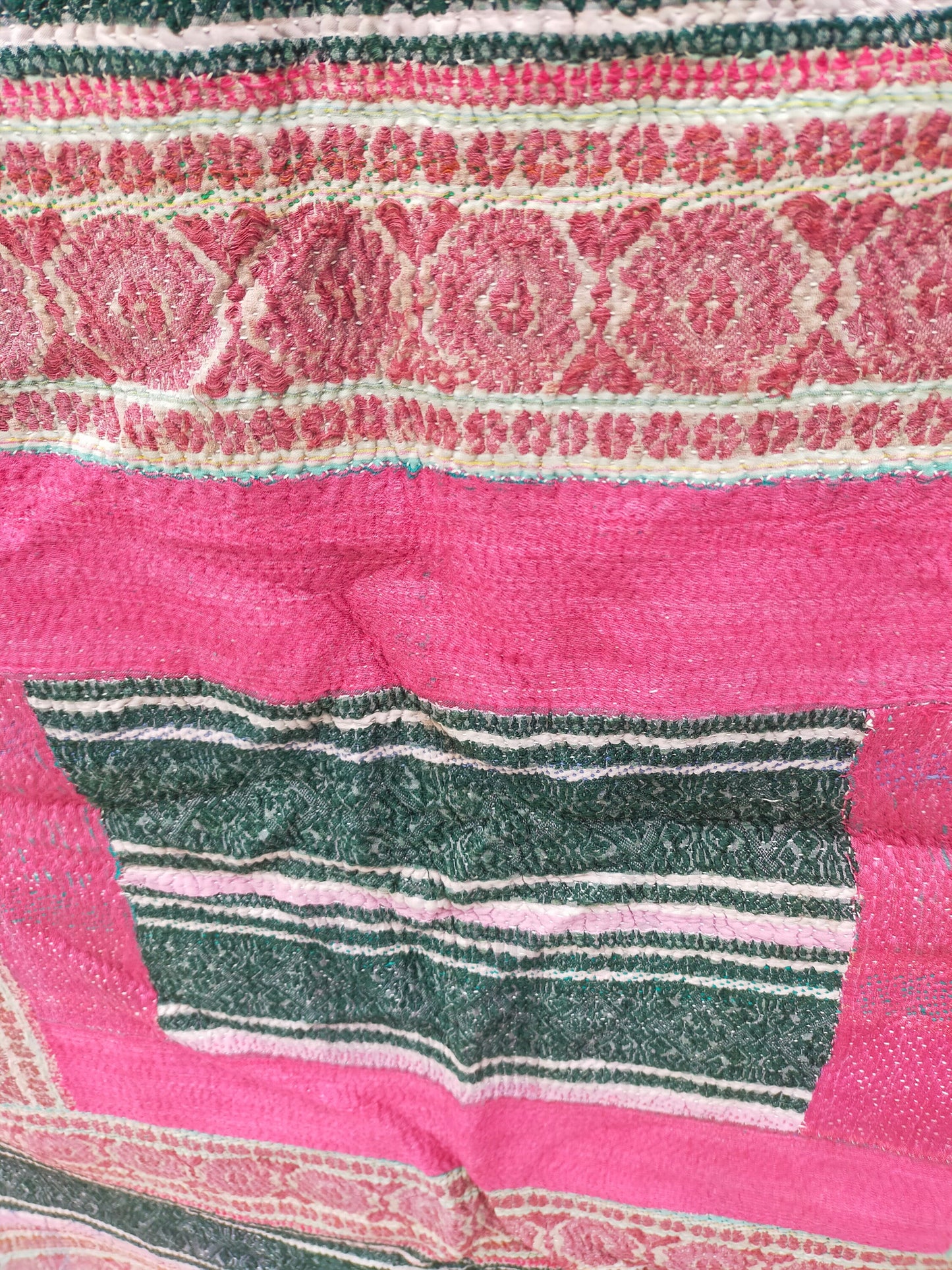 Vintage Hand Stitched Patchwork Kantha Quilt From India Made From Recycled Cotton Saris Hand Stitched Together. Pink