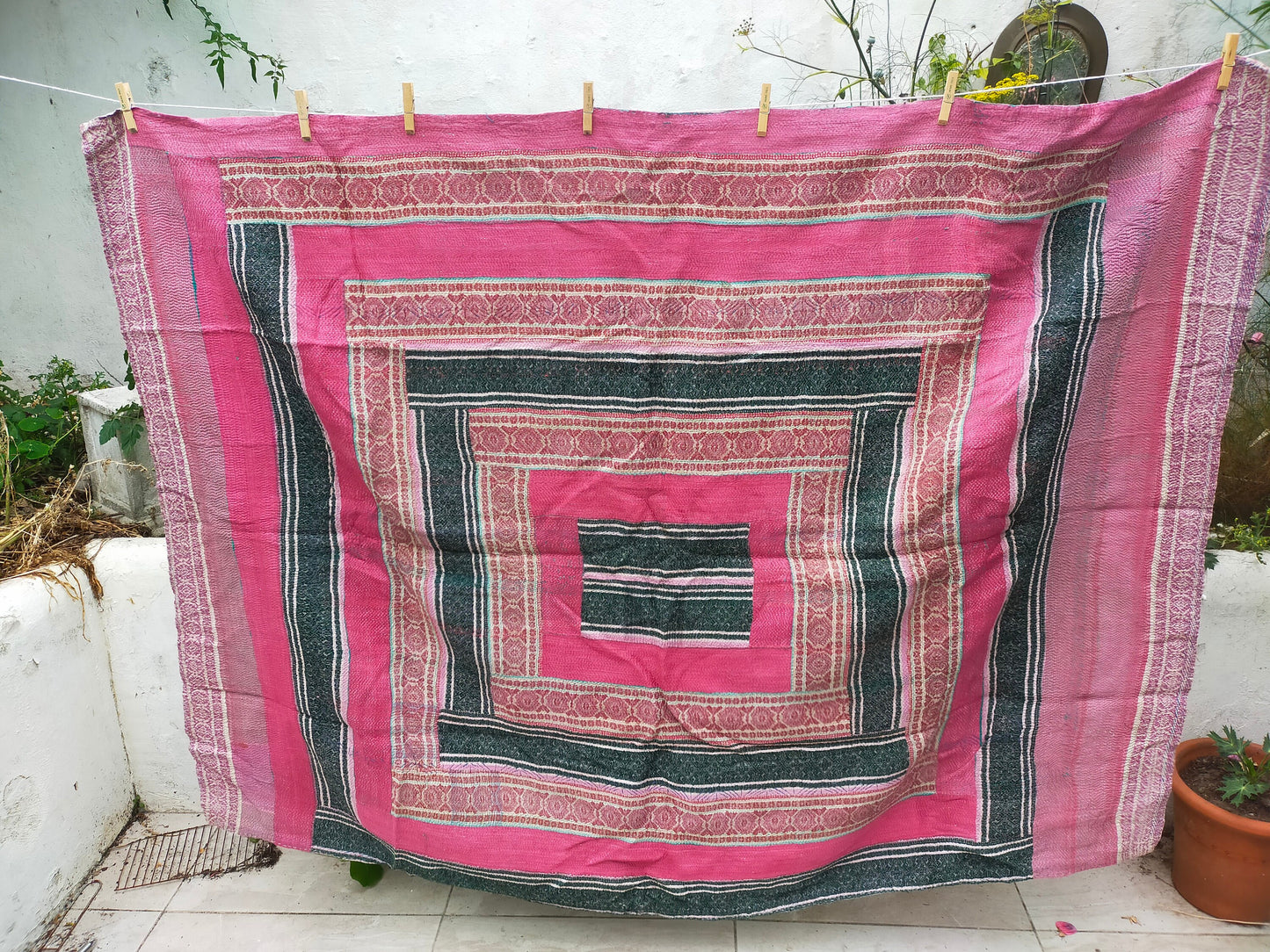 Vintage Hand Stitched Patchwork Kantha Quilt From India Made From Recycled Cotton Saris Hand Stitched Together. Pink