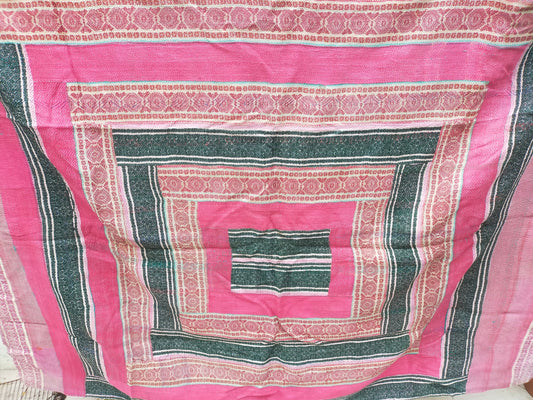 Vintage Hand Stitched Patchwork Kantha Quilt From India Made From Recycled Cotton Saris Hand Stitched Together. Pink