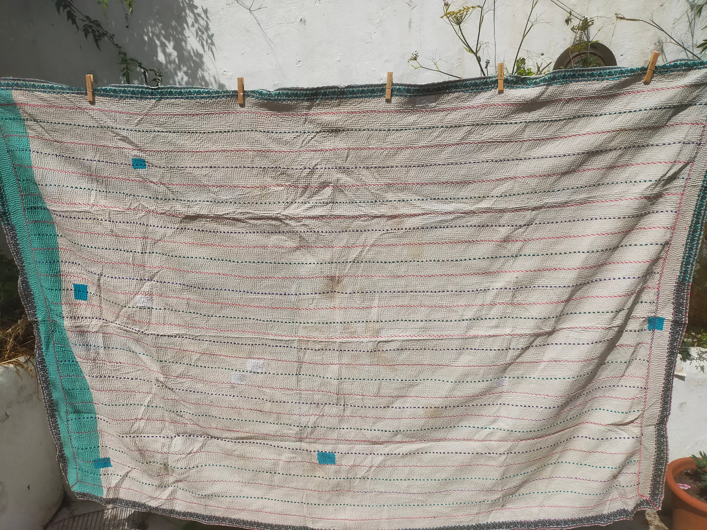 Vintage Hand-Stitched Double Sided Patchwork Kantha Blanket Quilt From India Made From Recycled Cotton Saris Hand Stitched Together.