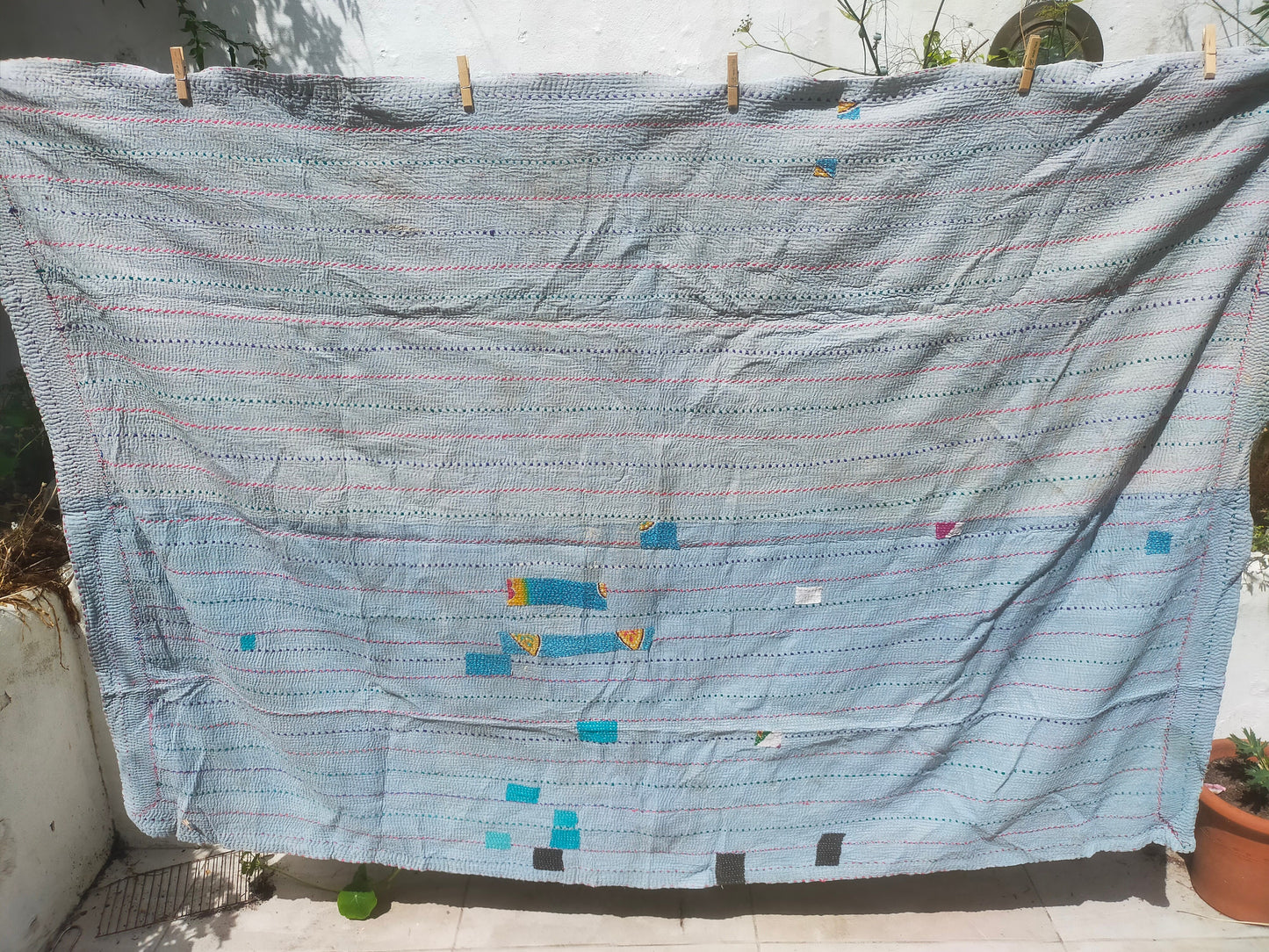 Vintage Hand-Stitched Double Sided Patchwork Kantha Blanket Quilt From India Made From Recycled Cotton Saris Hand Stitched Together.