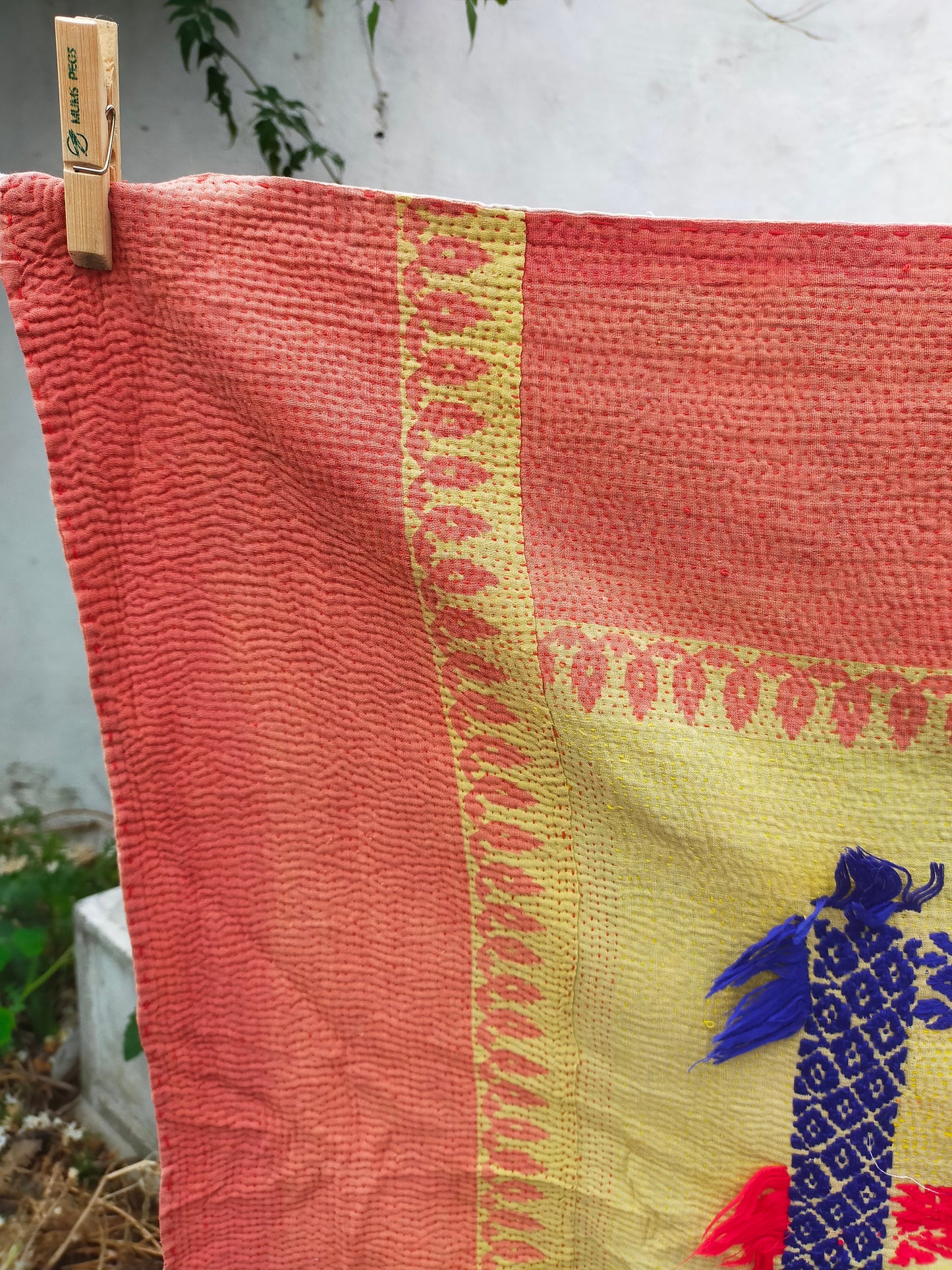 Vintage Hand-Stitched Patchwork Kantha Quilt From India Made From Recycled Cotton Saris Hand Stitched Together. Orange Yellow
