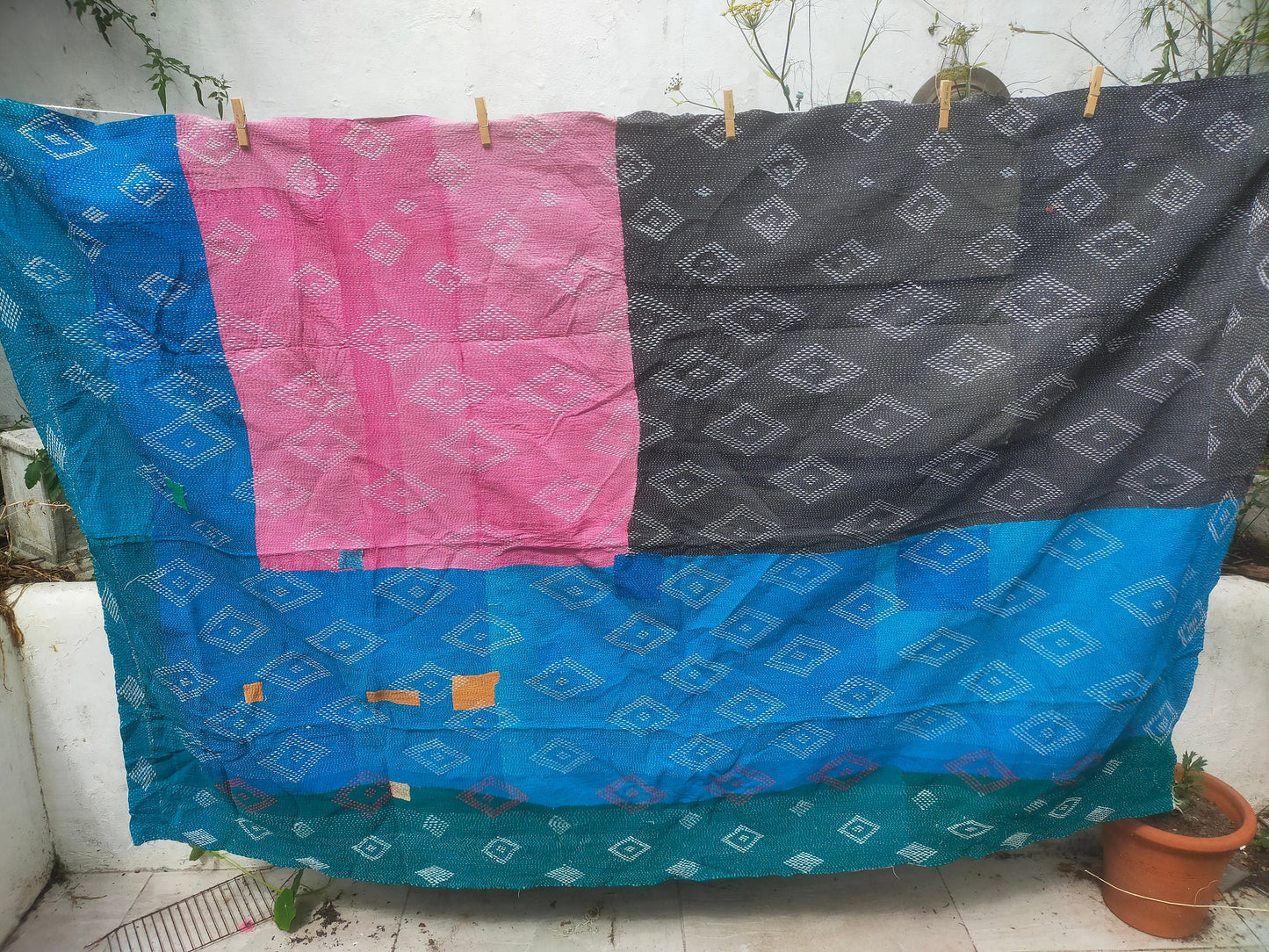 Vintage Hand-Stitched Patchwork Kantha Blanket Quilt From West Bengal, India Made From Recycled Cotton Saree