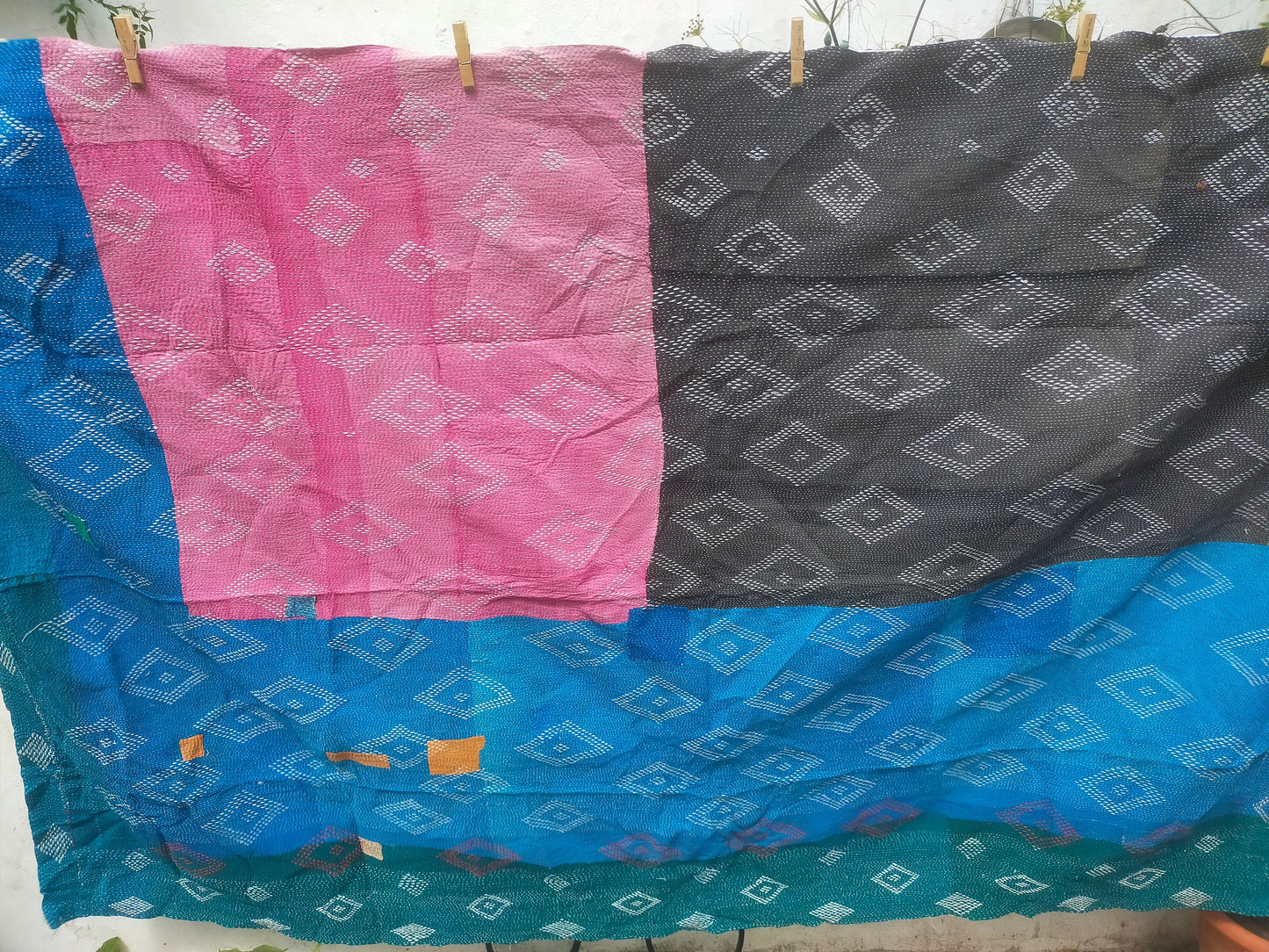 Vintage Hand-Stitched Patchwork Kantha Blanket Quilt From West Bengal, India Made From Recycled Cotton Saree