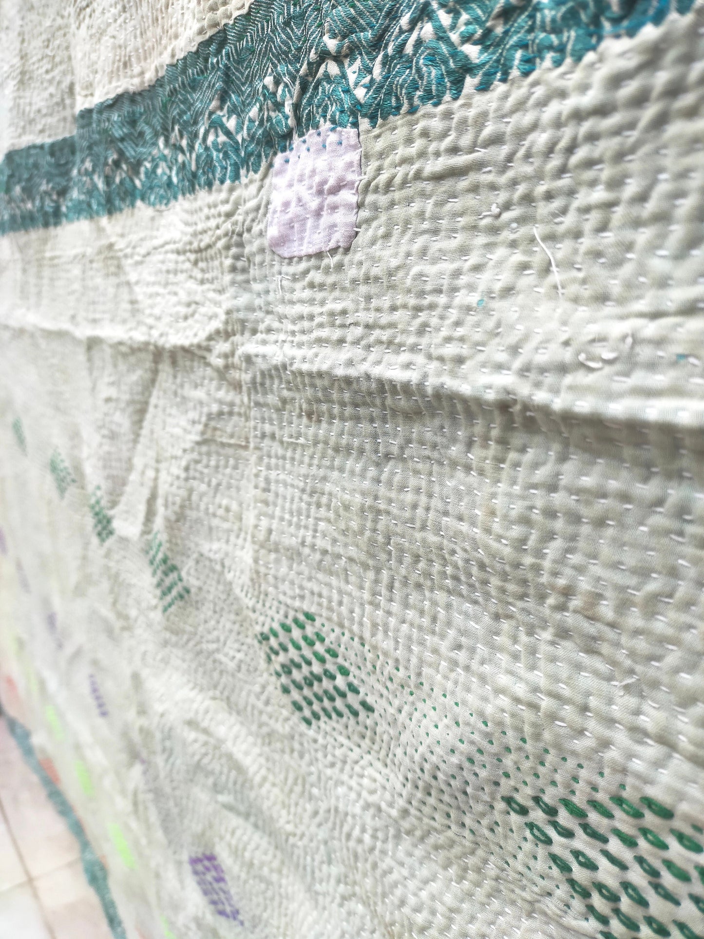 Vintage Hand-Stitched Patchwork Kantha Blanket From India Made From Recycled Cotton Sari