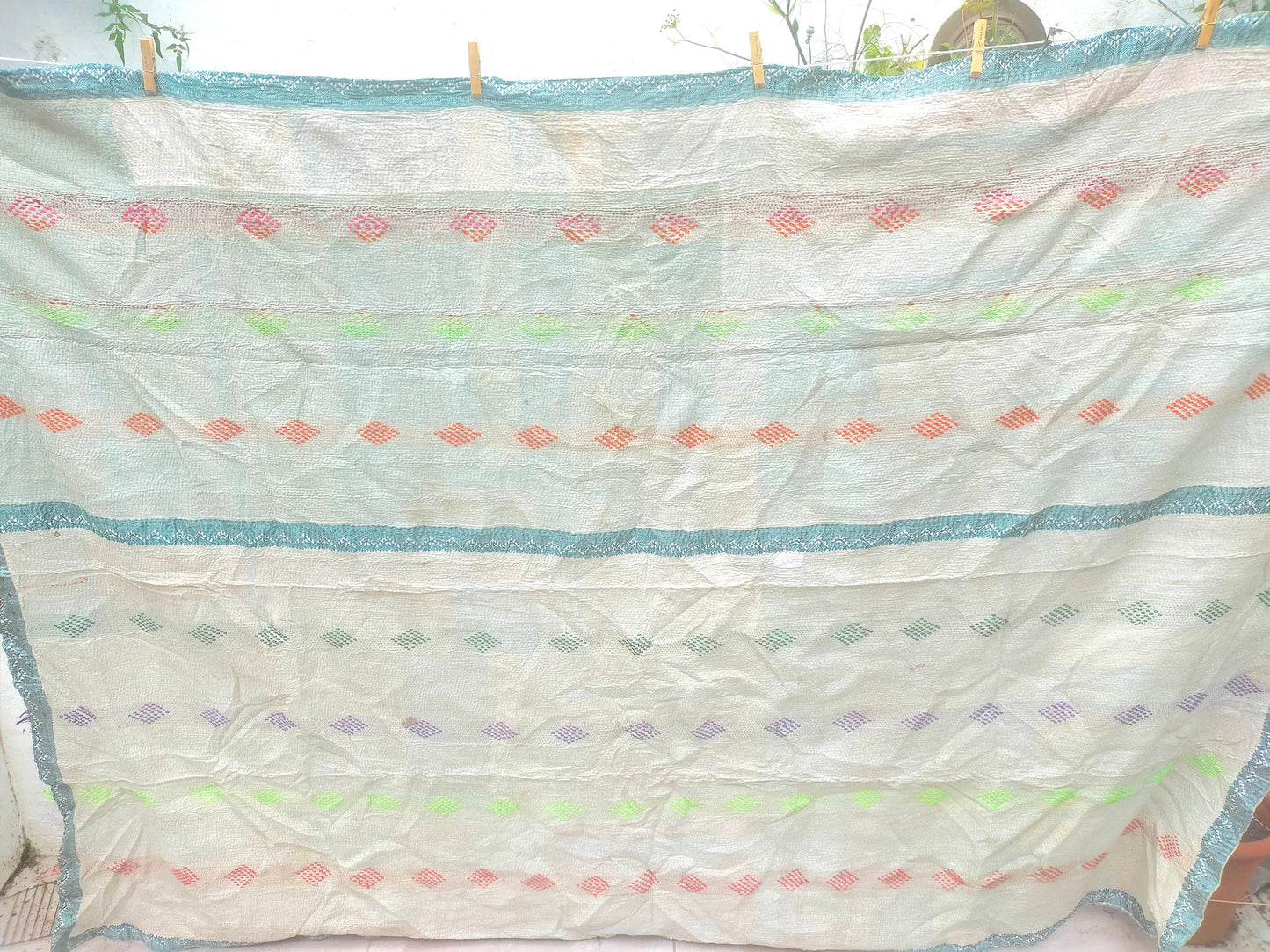 Vintage Hand-Stitched Patchwork Kantha Blanket From India Made From Recycled Cotton Sari