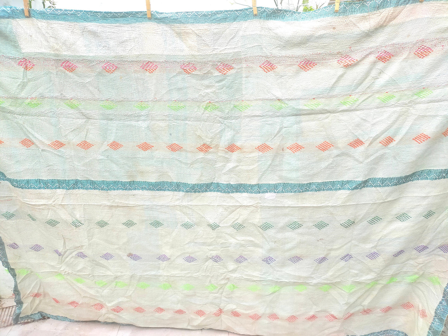 Vintage Hand-Stitched Patchwork Kantha Blanket From India Made From Recycled Cotton Sari