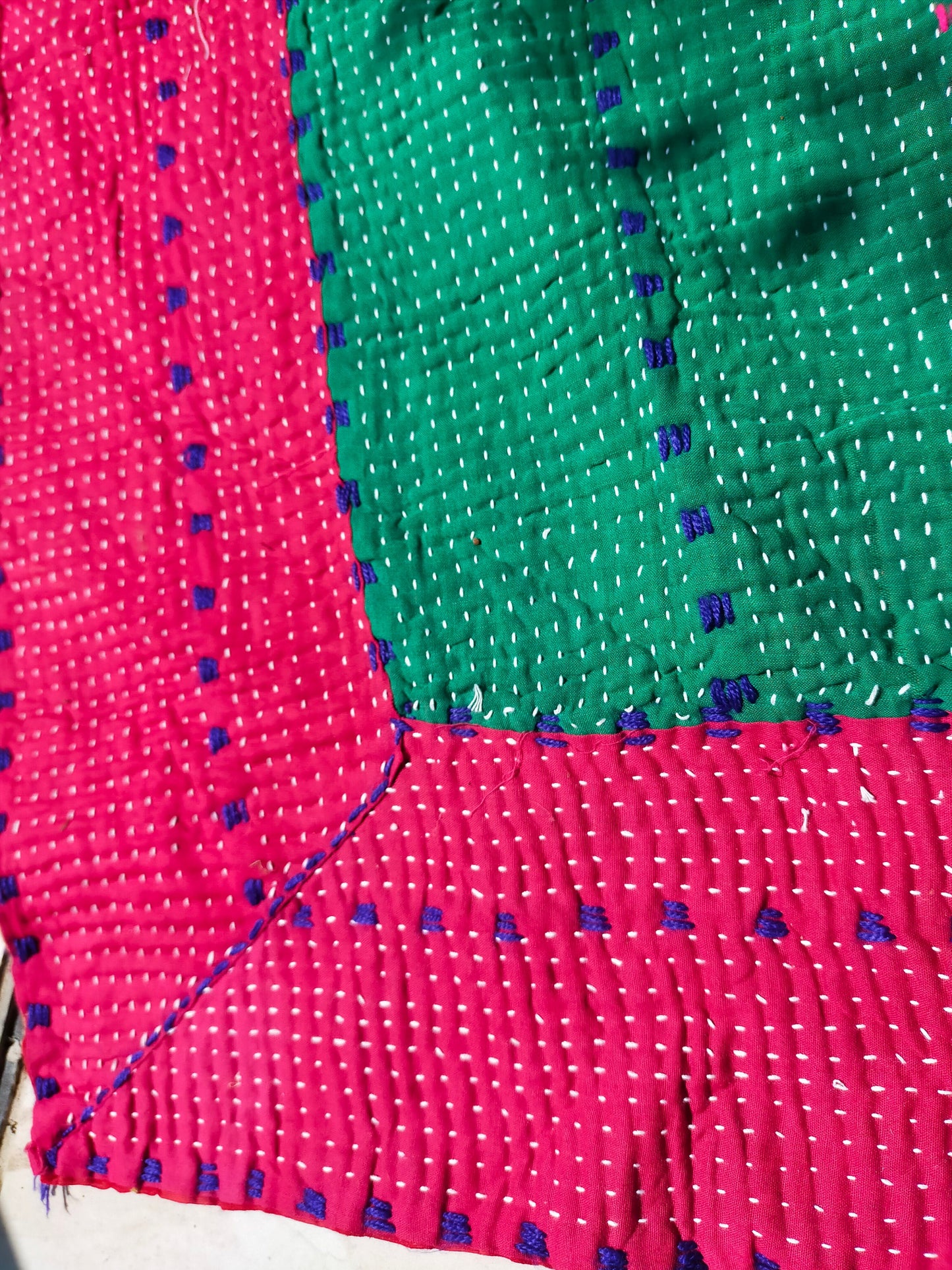 Vintage Bengali Kantha - Patchwork Kantha Blanket Quilt From India Made From Recycled Cotton Saris Hand-Stitched Together.