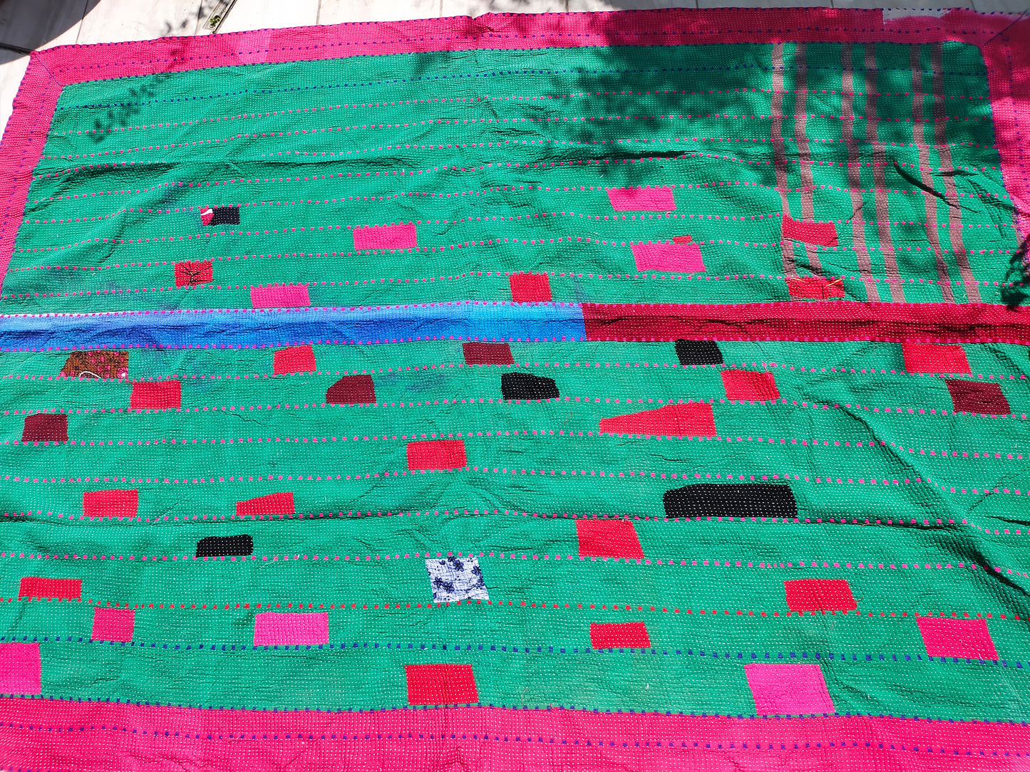 Vintage Bengali Kantha - Patchwork Kantha Blanket Quilt From India Made From Recycled Cotton Saris Hand-Stitched Together.