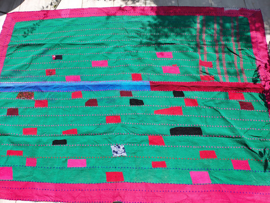 Vintage Bengali Kantha - Patchwork Kantha Blanket Quilt From India Made From Recycled Cotton Saris Hand-Stitched Together.