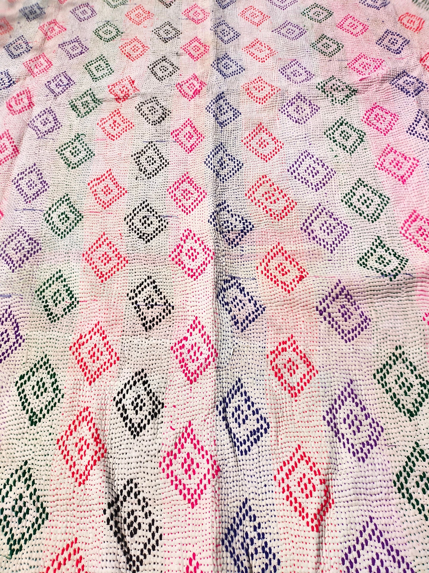 Vintage Bengali Hand-Stitched Patchwork Kantha Quilt From India Made From Recycled Cotton Saris