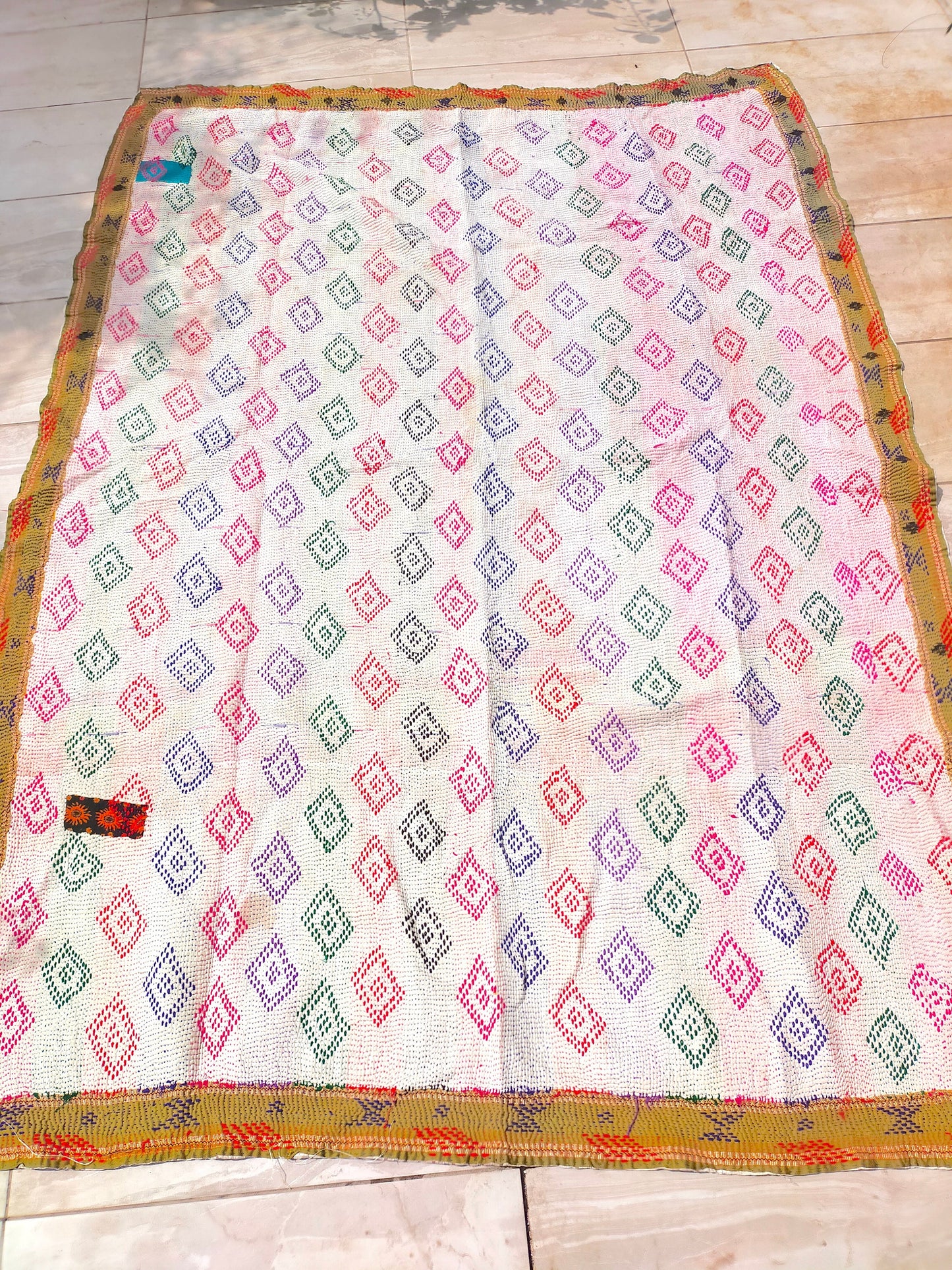 Vintage Bengali Hand-Stitched Patchwork Kantha Quilt From India Made From Recycled Cotton Saris