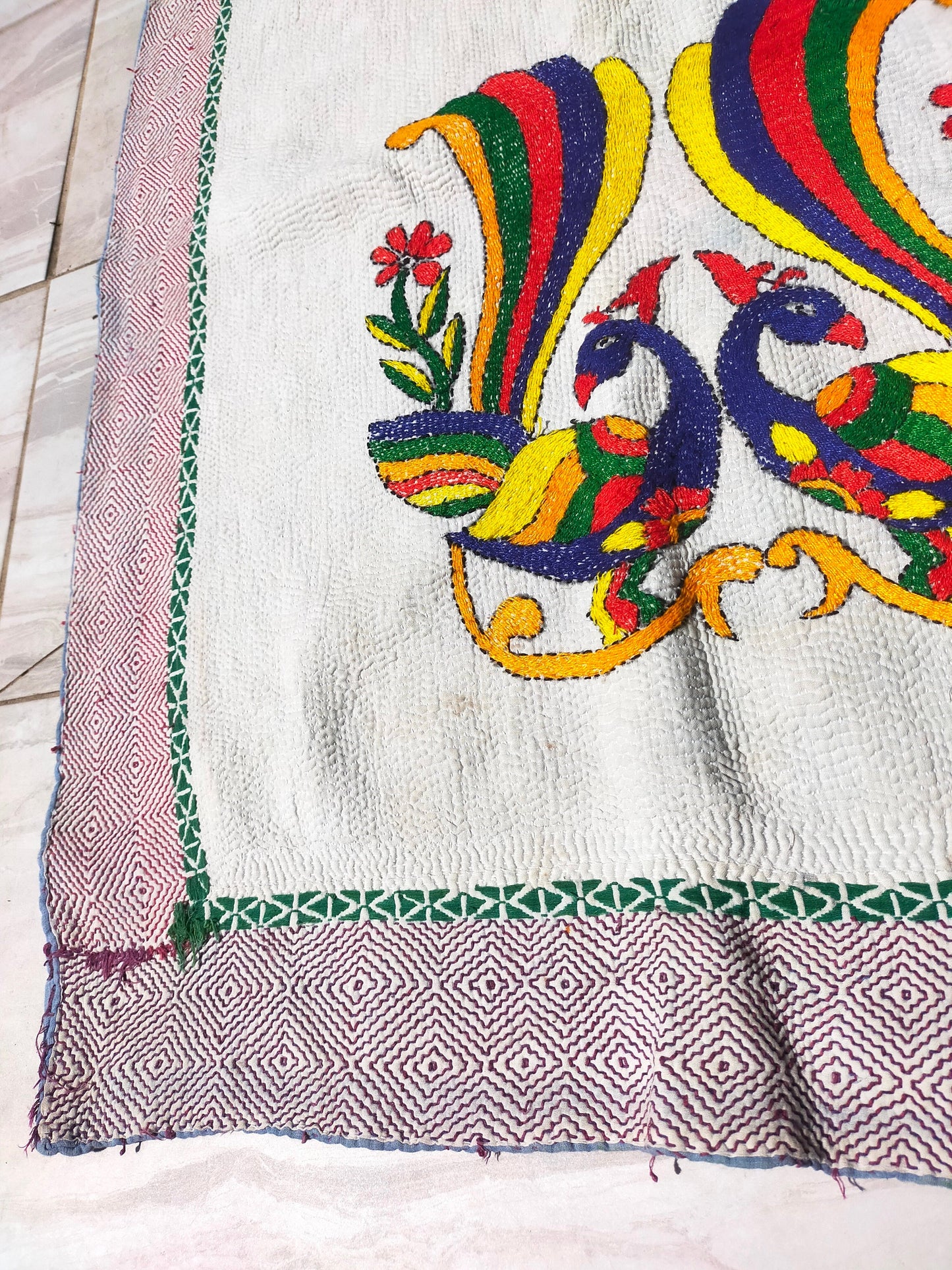 Rare Vintage Hand Stitched Patchwork Kantha Blanket Quilt From India Made From Recycled Cotton Saris Hand Stitched Together.