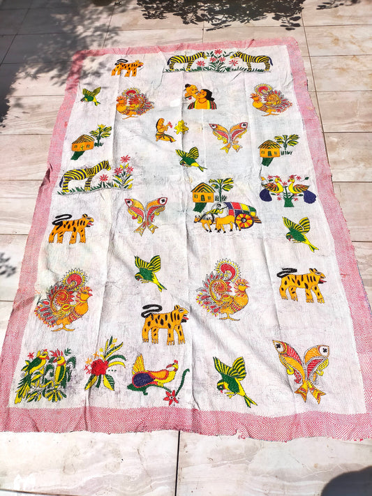 Vintage  Patchwork Kantha Quilt From India Made From Recycled Cotton Saris Hand Stitched Together.