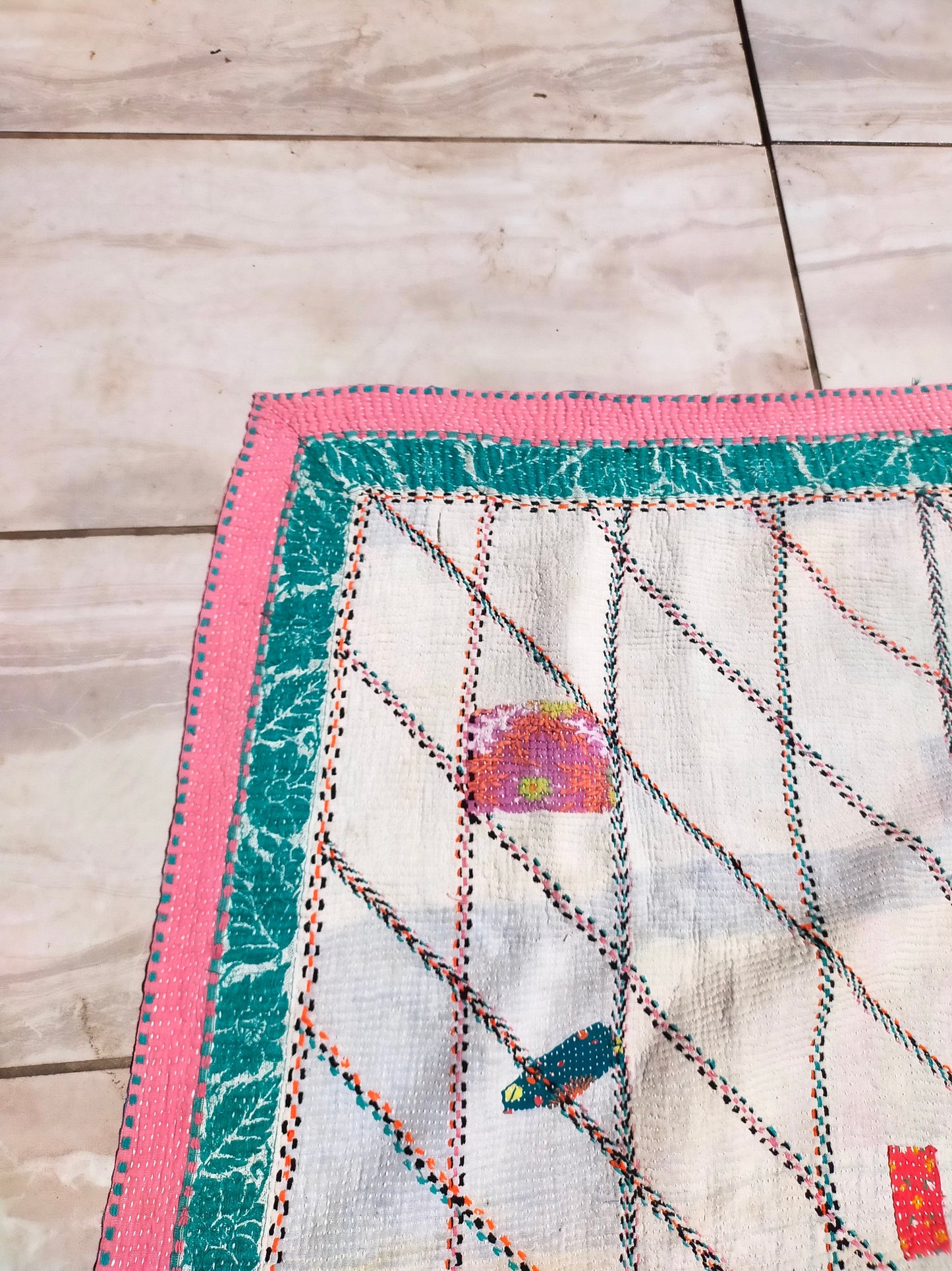 Vintage Hand Stitched Patchwork Kantha Blanket Quilt From India Made From Recycled Cotton Saris Hand Stitched Together.