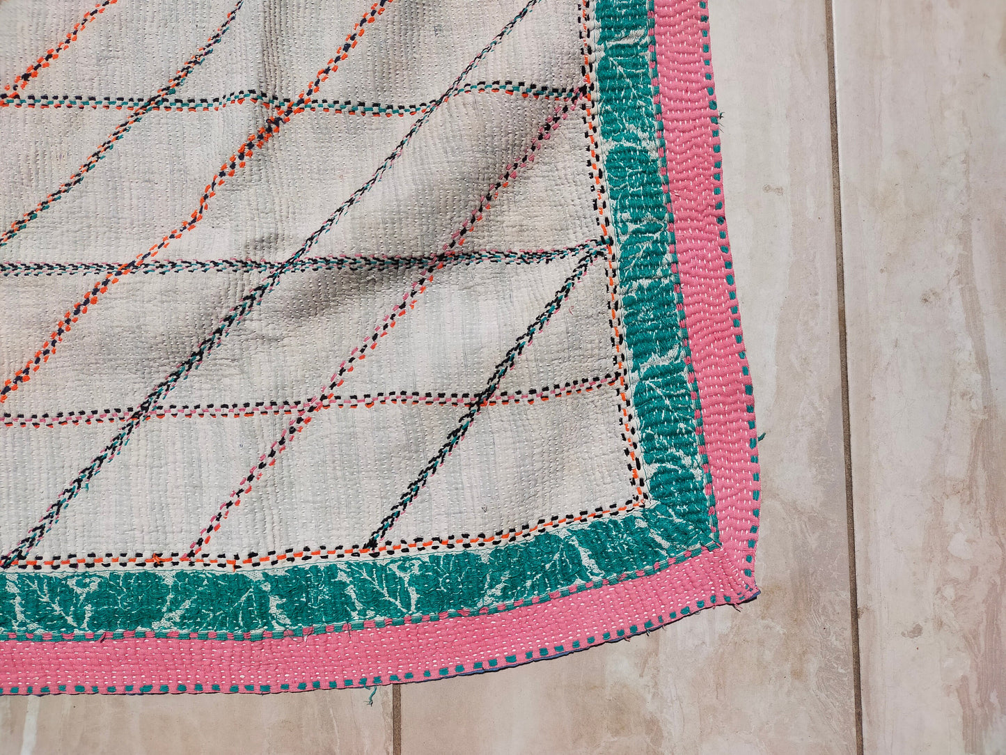 Vintage Hand Stitched Patchwork Kantha Blanket Quilt From India Made From Recycled Cotton Saris Hand Stitched Together.