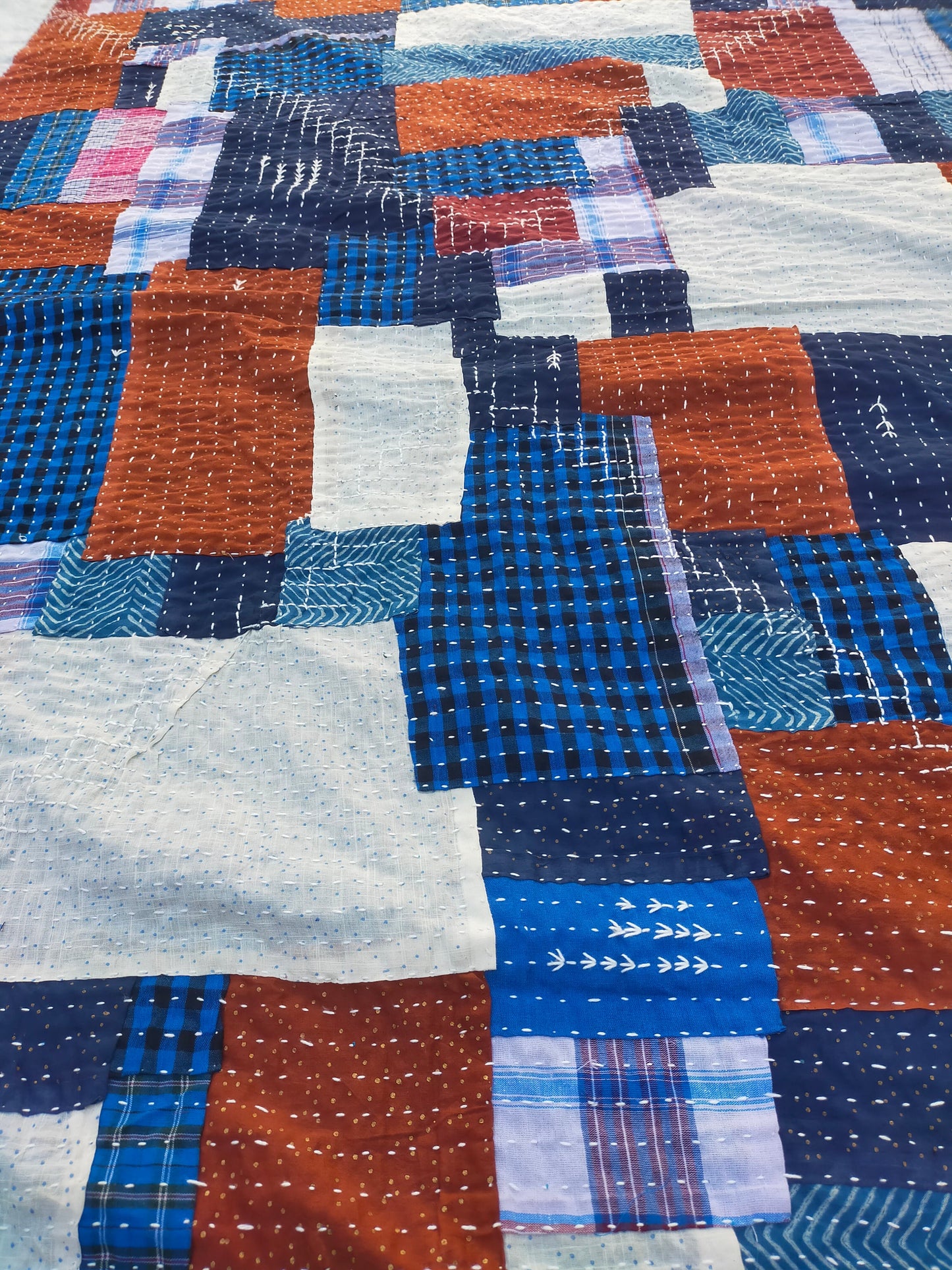Hand-Stitched Kantha Patchwork Blanket Made From Recycled Cotton Fabric