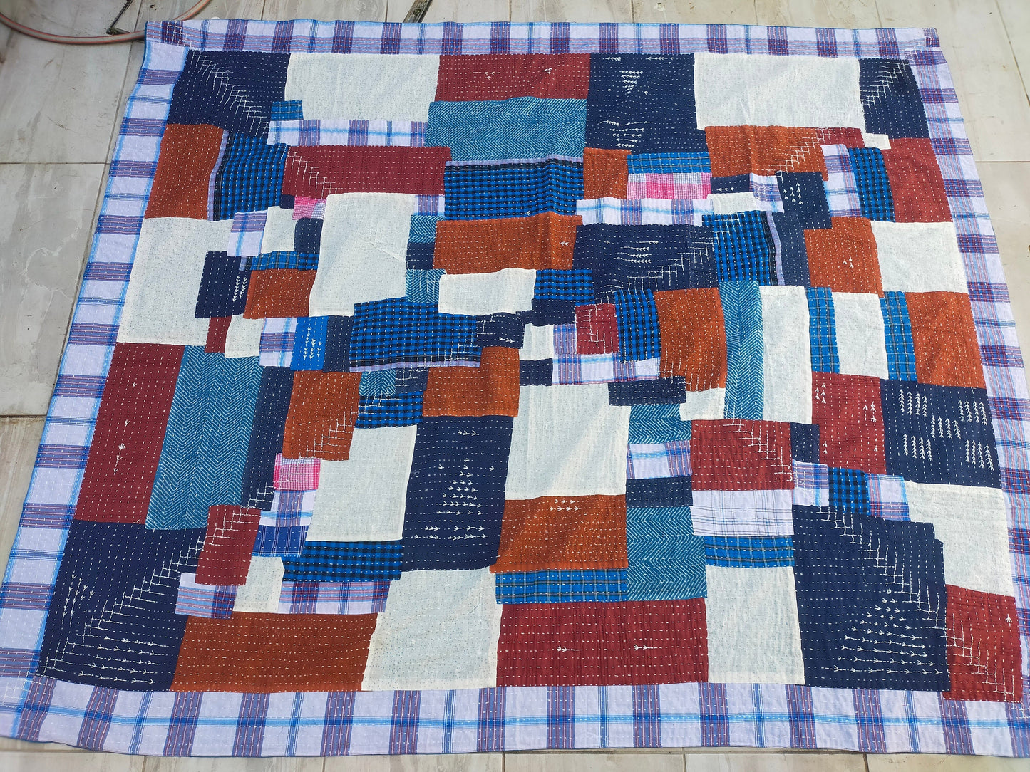 Hand-Stitched Kantha Patchwork Blanket Made From Recycled Cotton Fabric