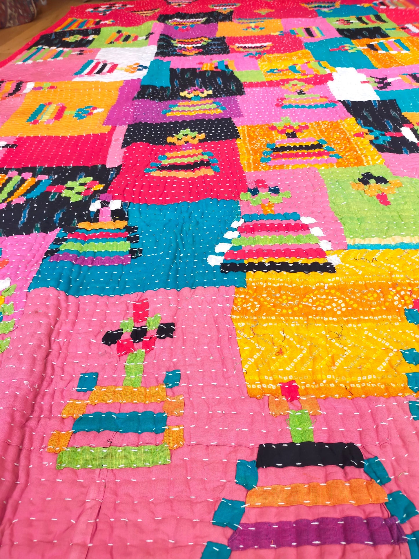 Siddi Kawandi - A Patchwork Kantha Single Quilt Or Throw, Made With Recycled Cotton - Hand-Stitched By African Indian Women In India