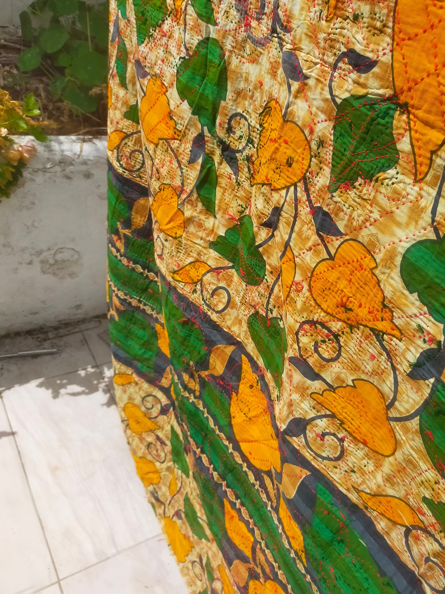Vintage Hand Stitched Patchwork Kantha Blanket Quilt From India Made From Recycled Cotton Saris Yellow